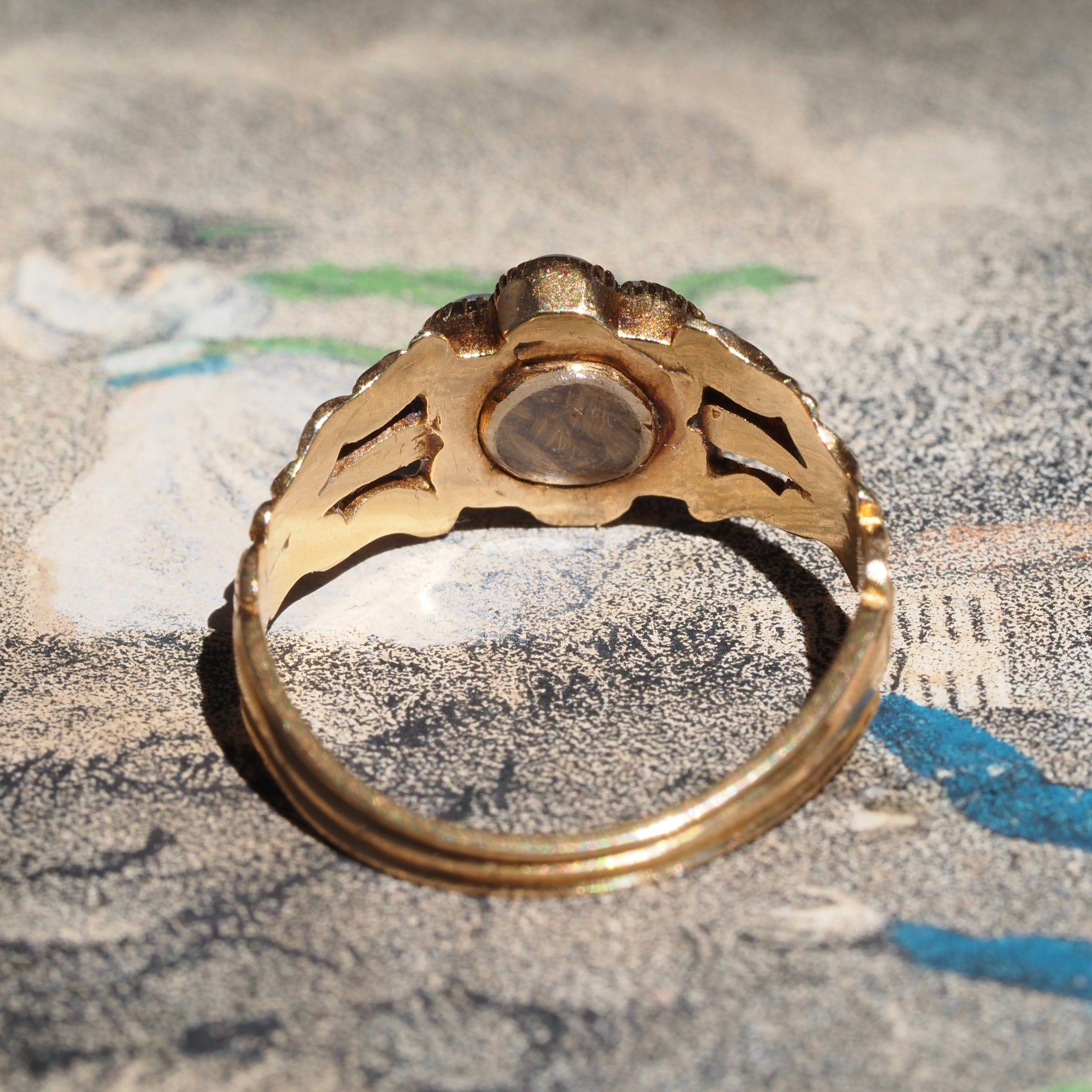Antique Georgian Seed Pearl and Green Paste Flower Engraved Mourning Ring