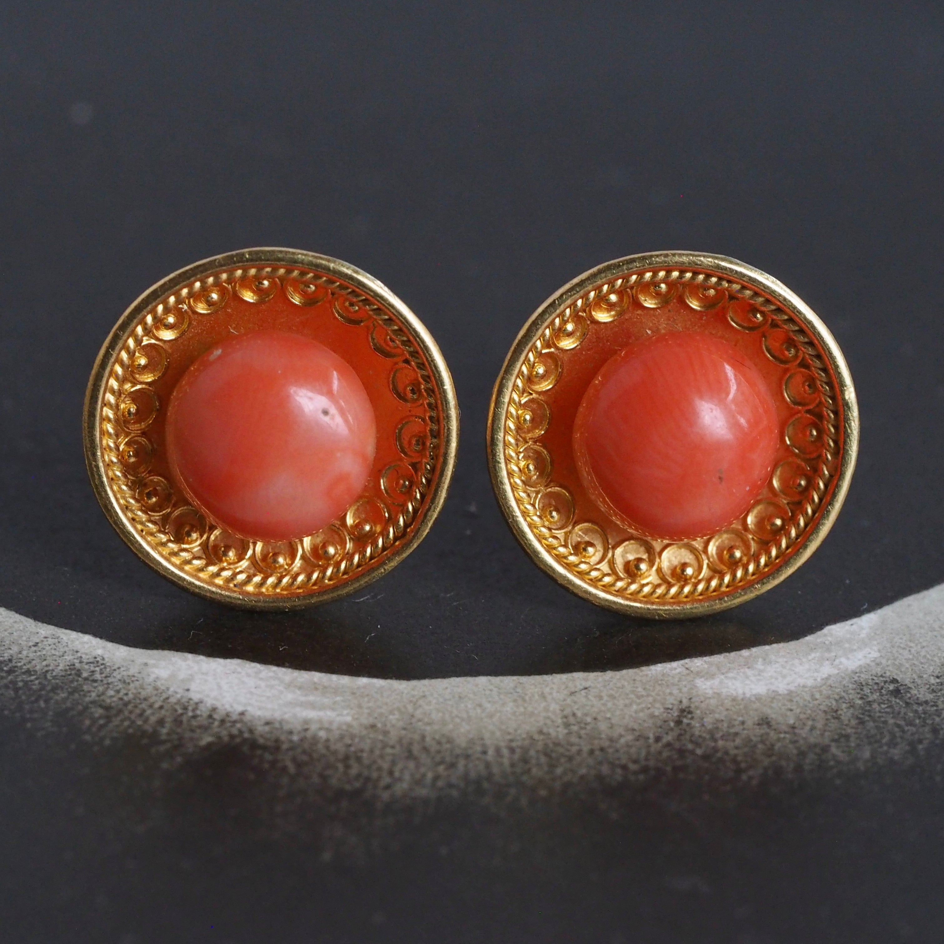 Antique Etruscan Style 18k Gold Coral Disc Earrings