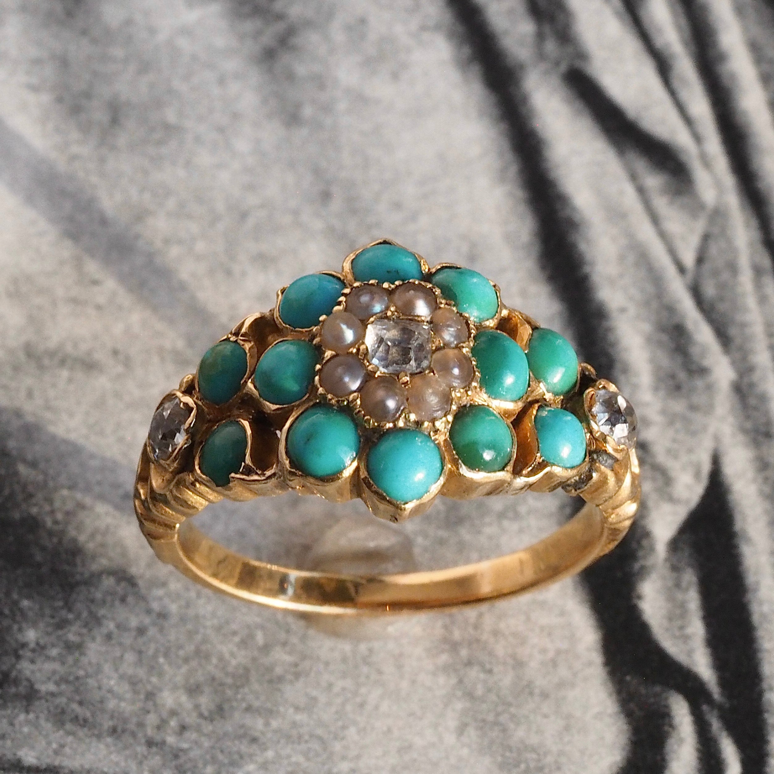 Antique Georgian 18k Gold Turquoise, Pearl and Diamond Ring