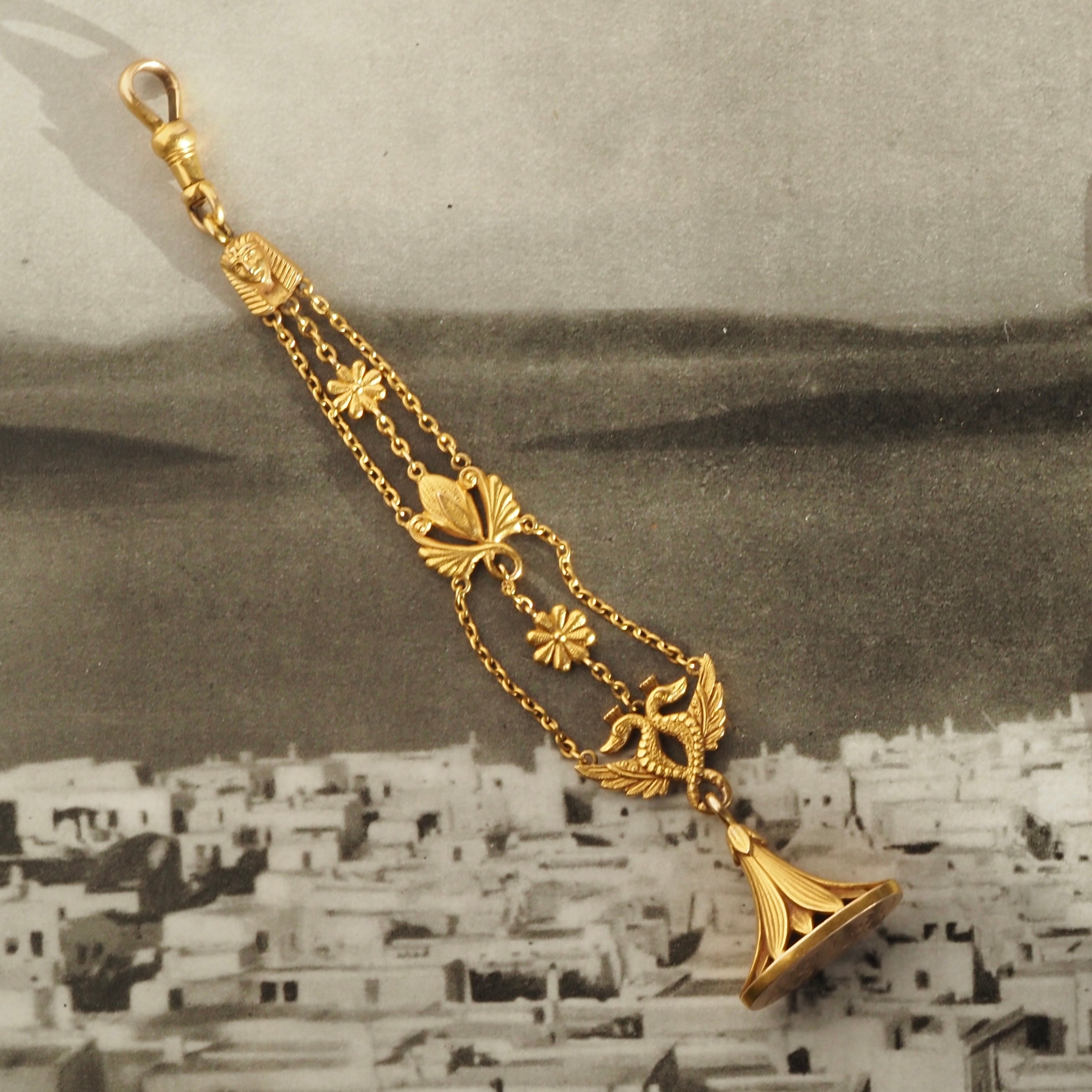 Antique Victorian Egyptian Revival Bloomed 14k Gold Floral Figurative Fob with Dog Clip