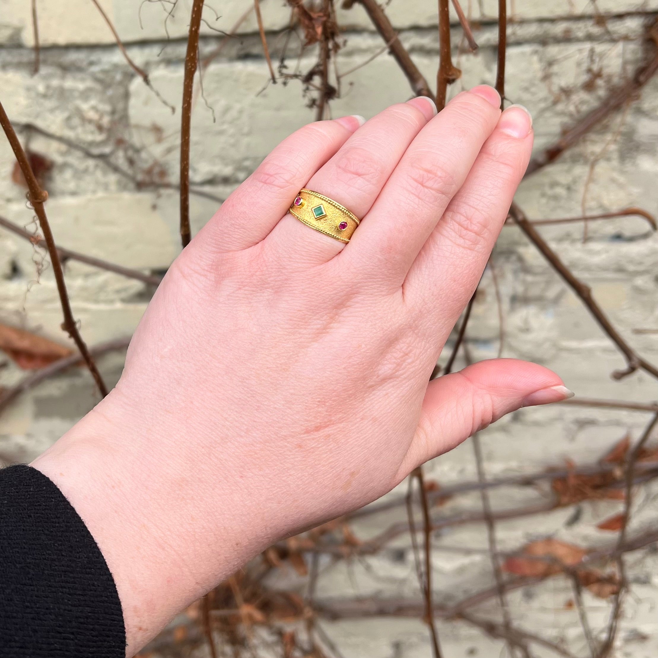 Vintage Ancient Greek Style Ruby and Emerald Tapered Band
