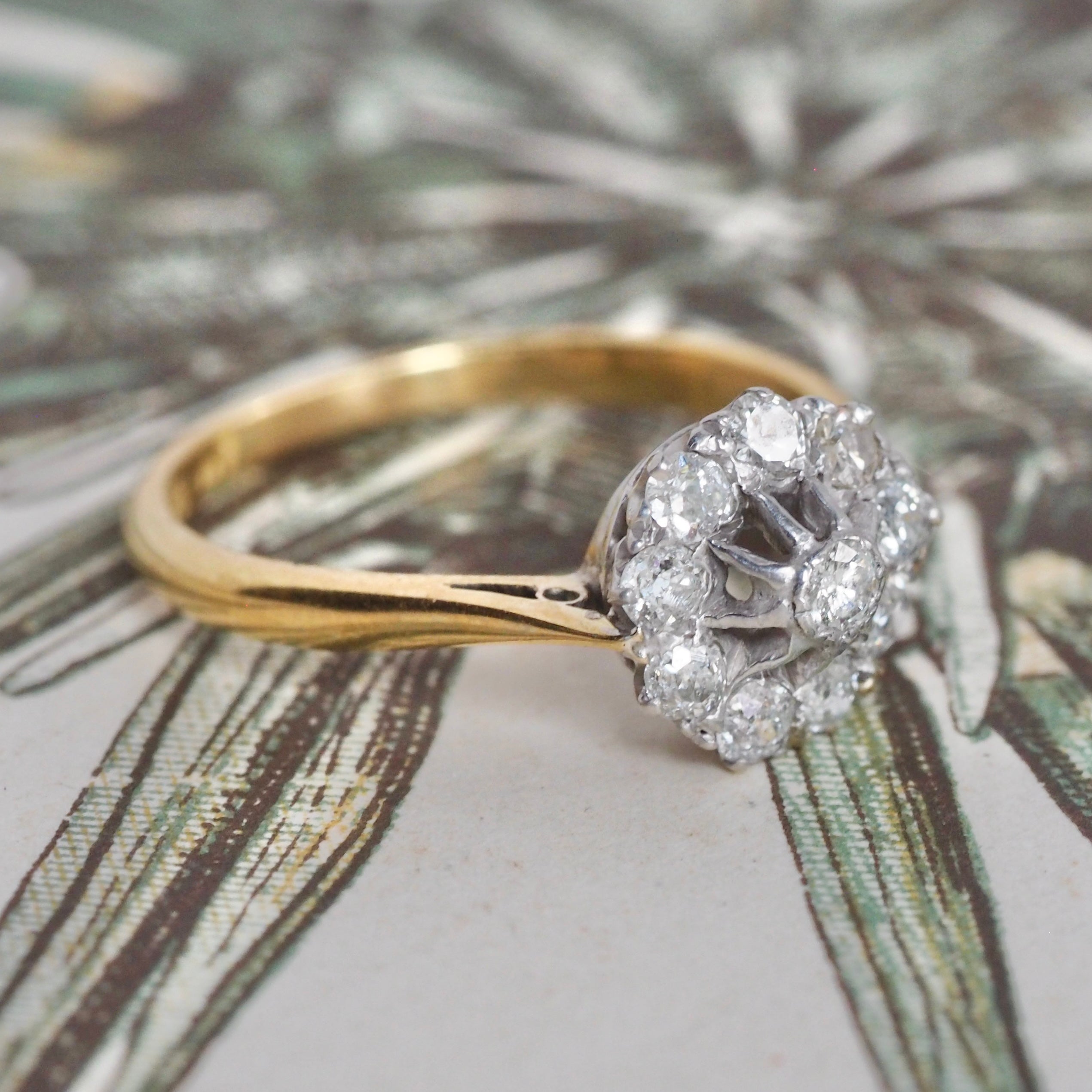 Antique Old Mine Cut Diamond Cluster 18k Gold and Platinum Engagement Ring
