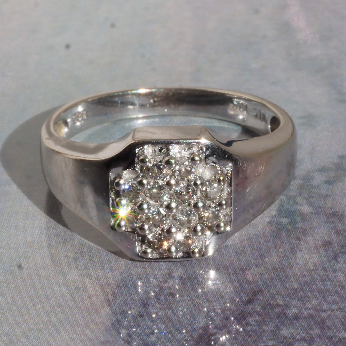 Vintage Squared Diamond 14k White Gold Signet Ring