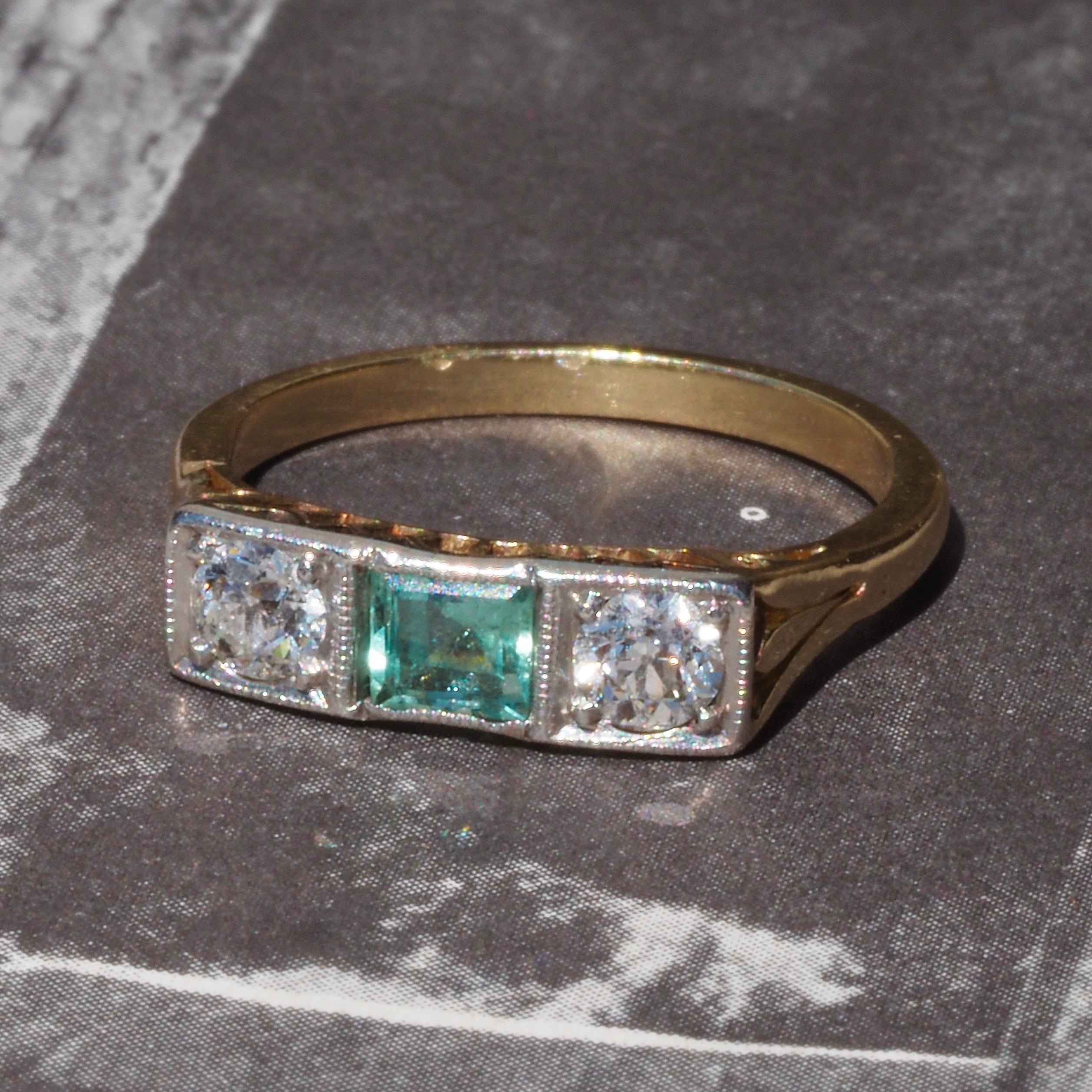 Antique Art Deco Trilogy Emerald and Old European Cut Diamond 14k Gold Ring