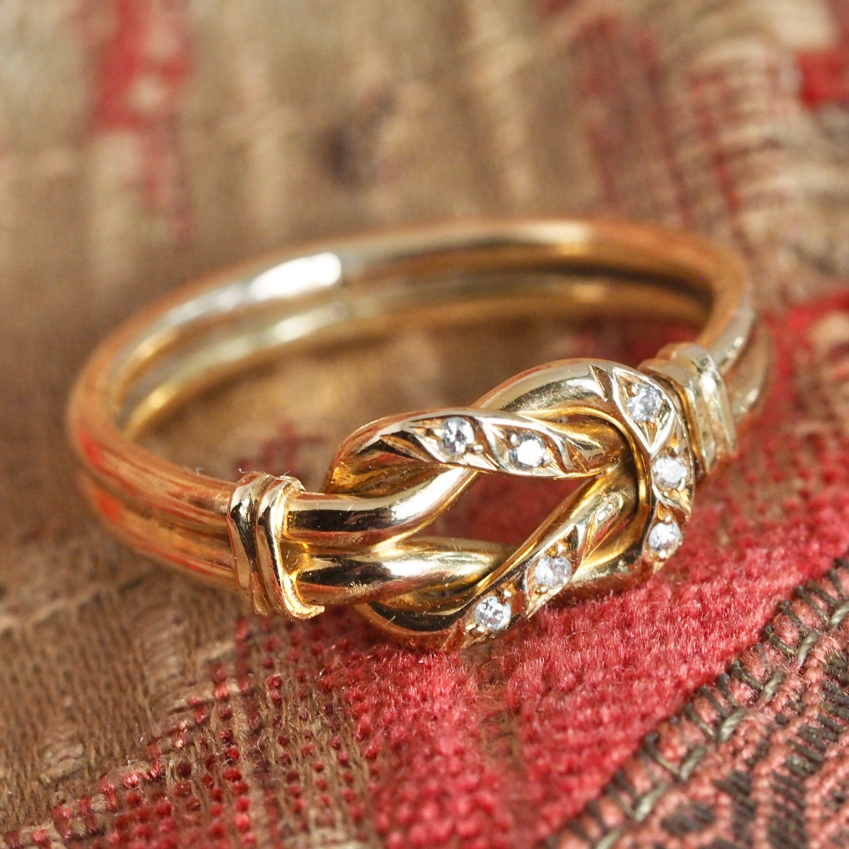 Vintage Portuguese 19k Gold Diamond Double Banded Knot Ring