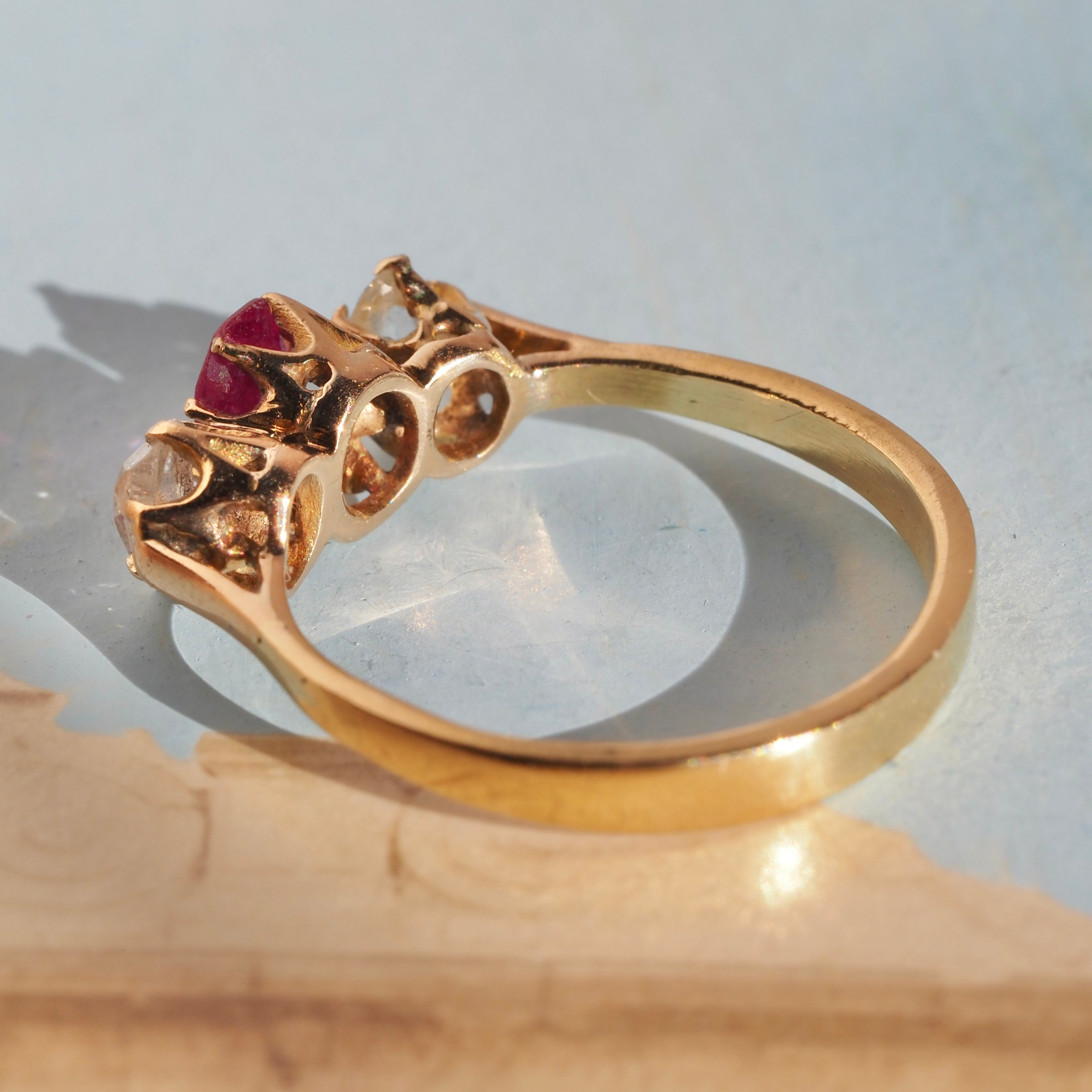 Antique Natural Ruby Rose Cut Diamond Trilogy 18k Gold Ring