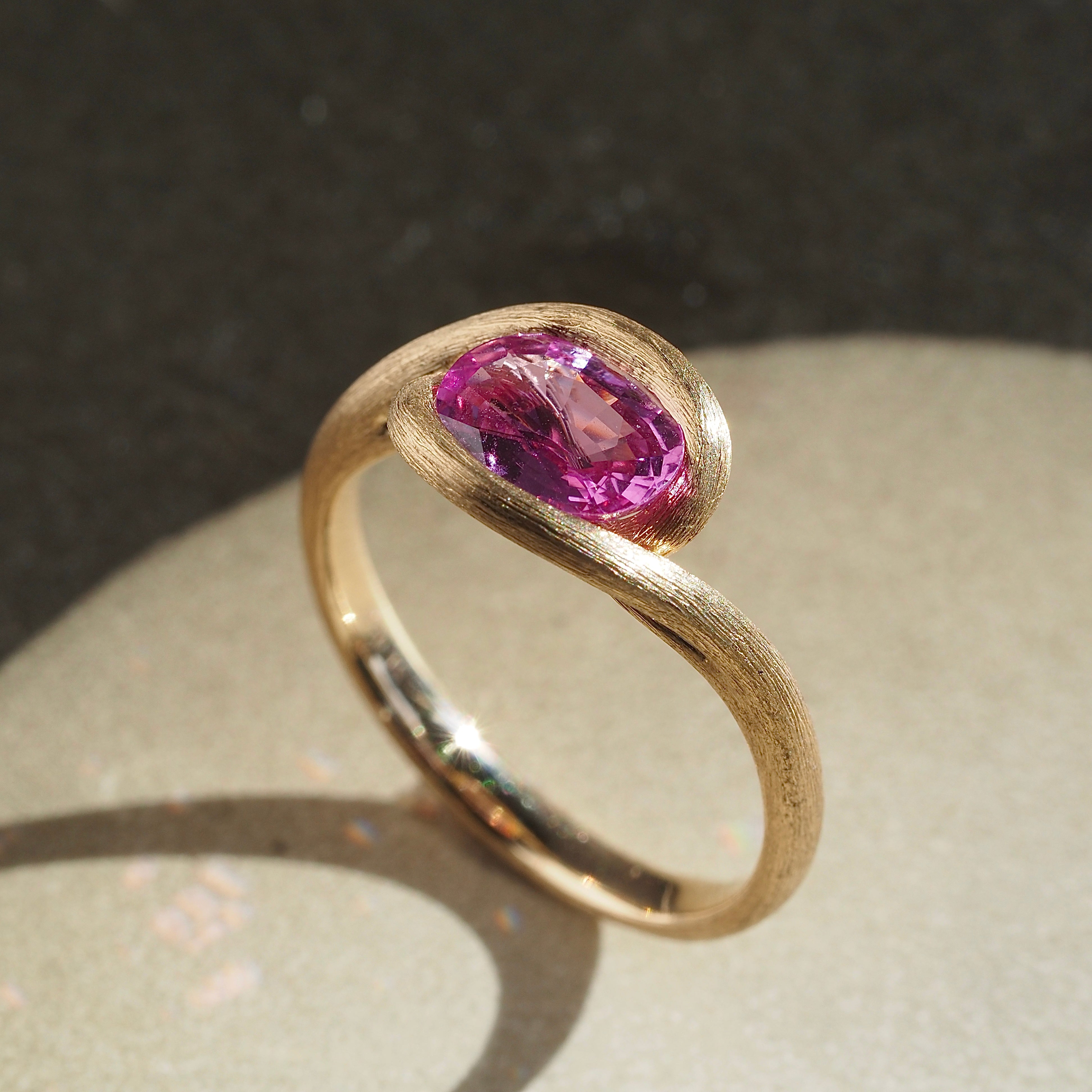 Natural Pink Sapphire Brushed 14k Gold Ring