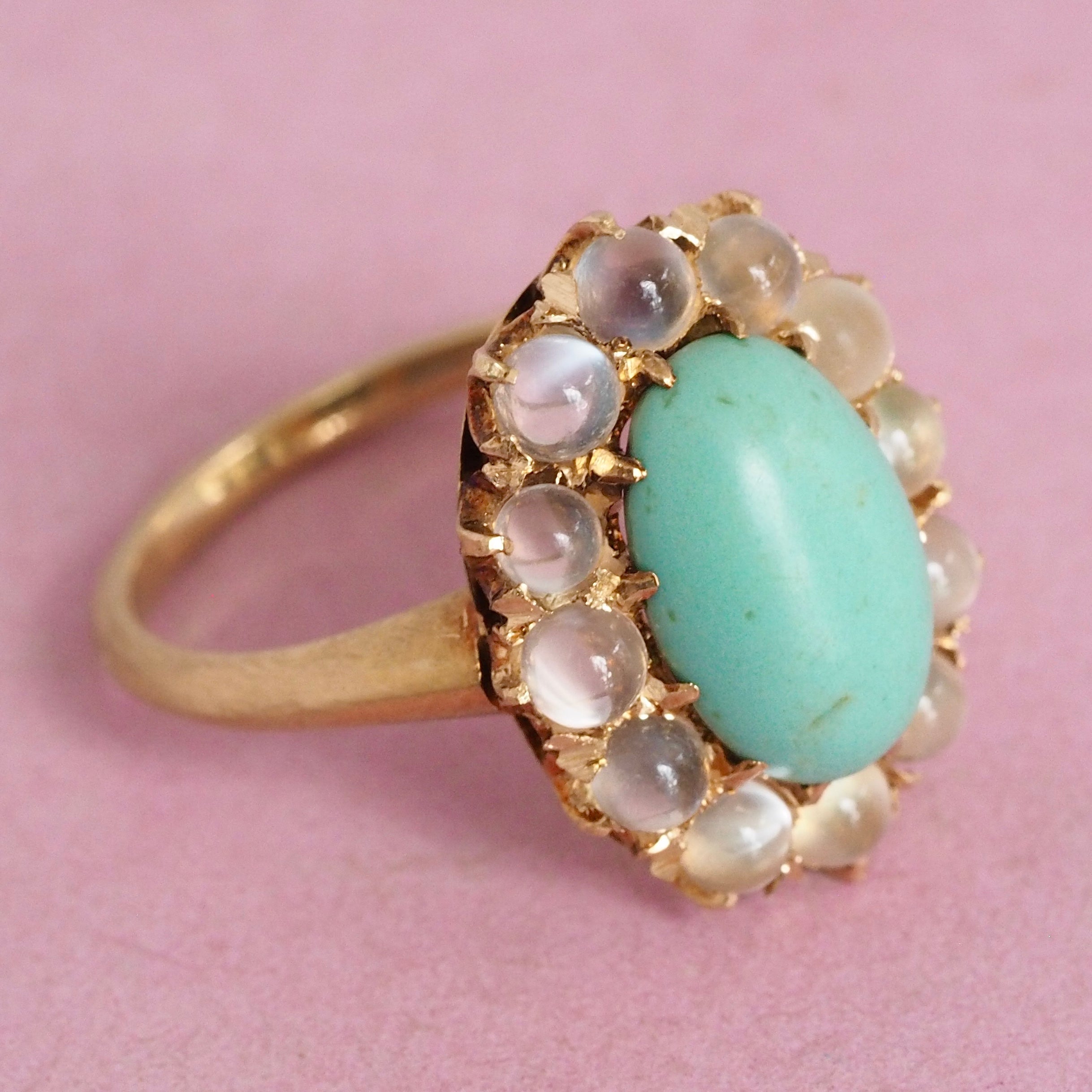 Antique Victorian 18k Gold Turquoise and Moonstone Halo Ring