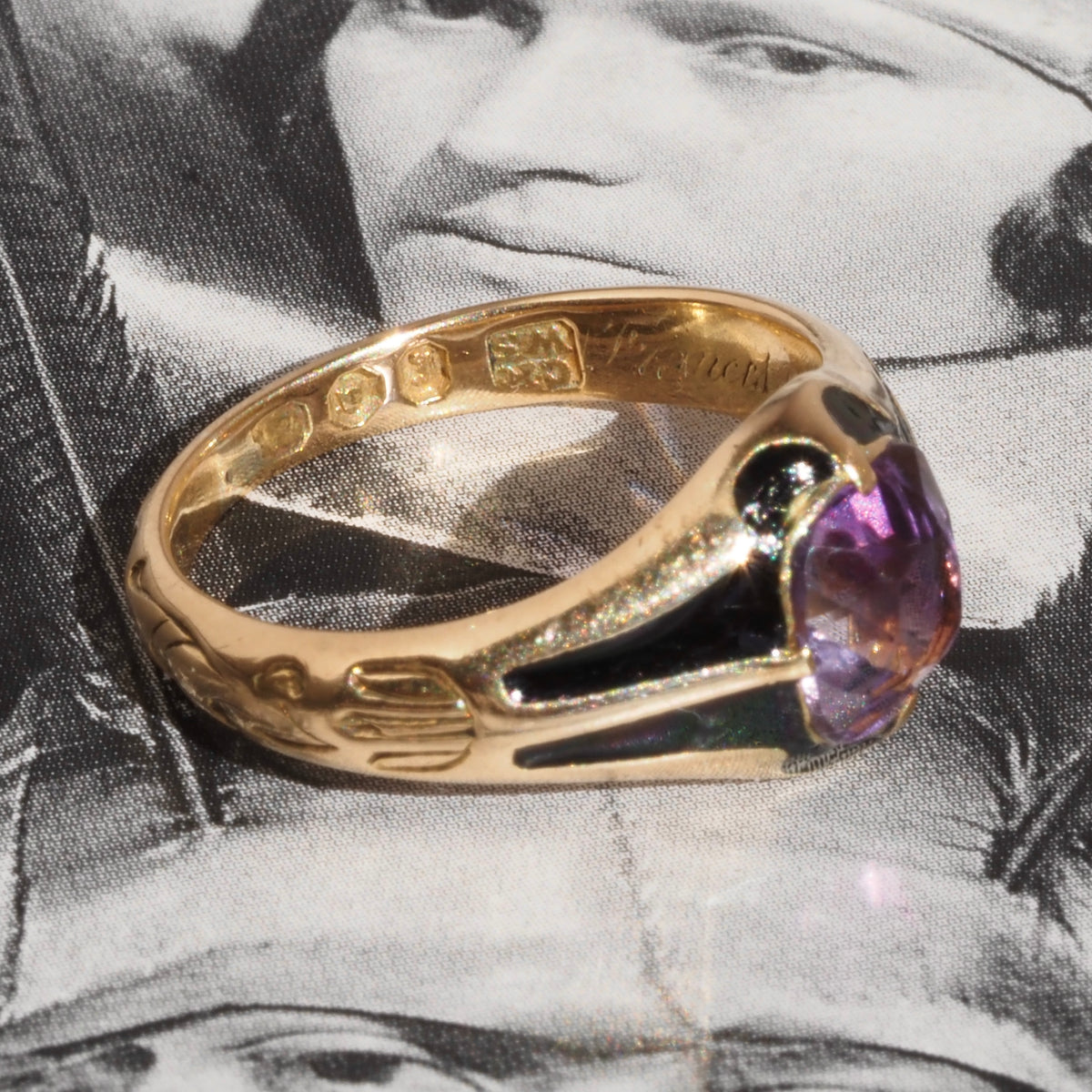 Antique c. 1844-45 Victorian English Amethyst and Black Enamel 14k Gold Ring