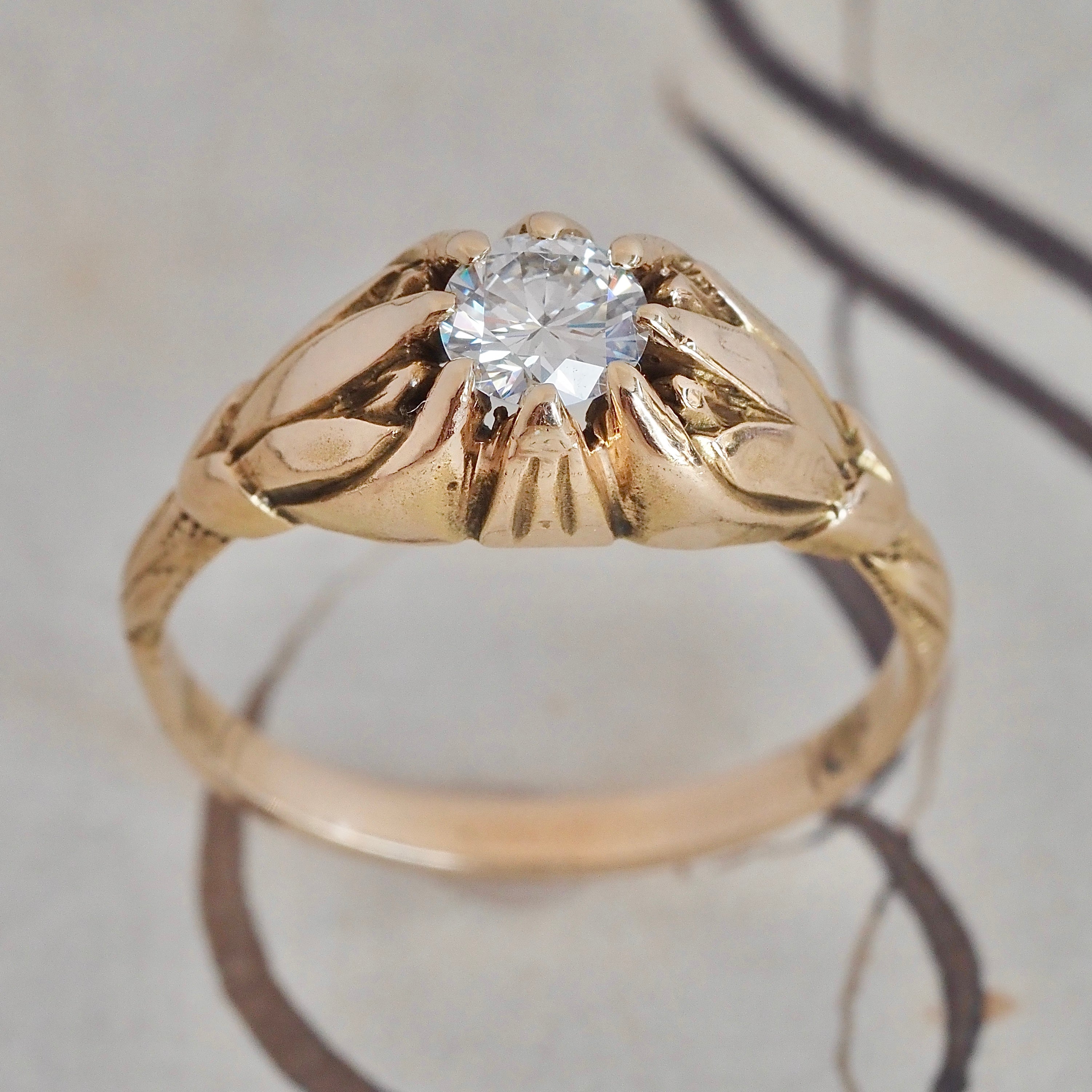 Antique Belcher Set Transitional Cut Diamond Tulip 14k Gold Engagement Ring