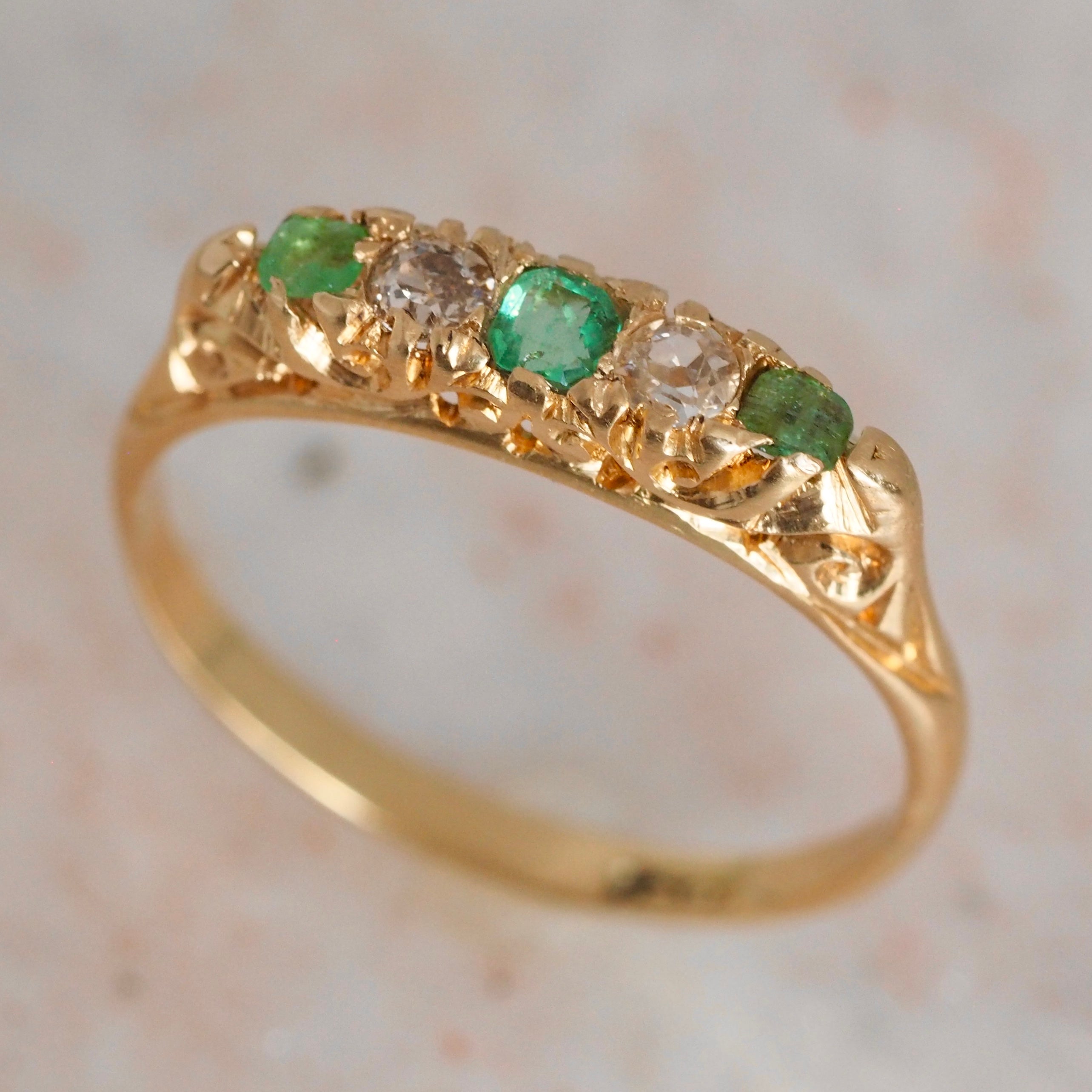 Antique English Art Nouveau 18k Gold Five Stone Emerald and Diamond Ring