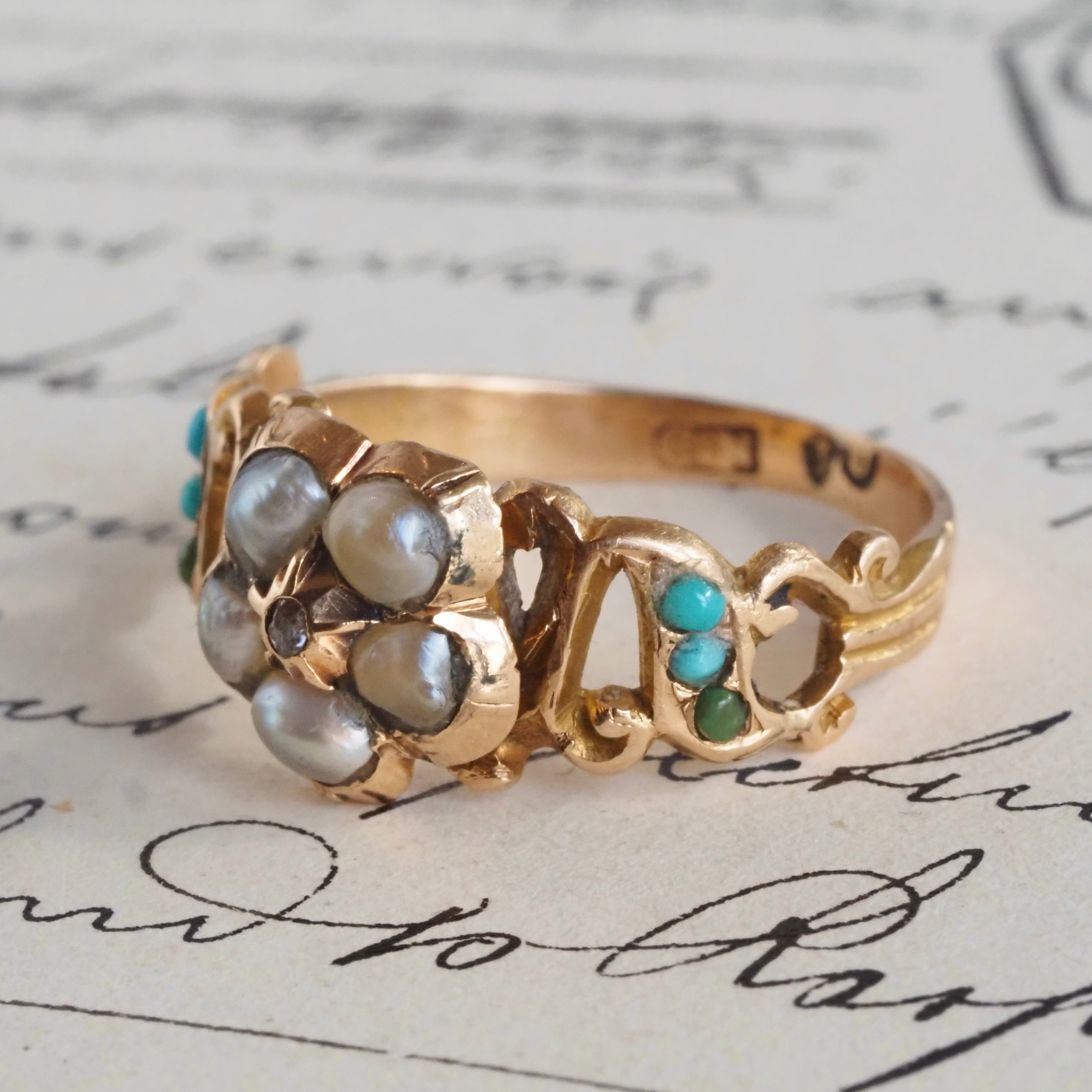 Antique Victorian Pearl Turquoise and Diamond Flower 14k Gold Ring