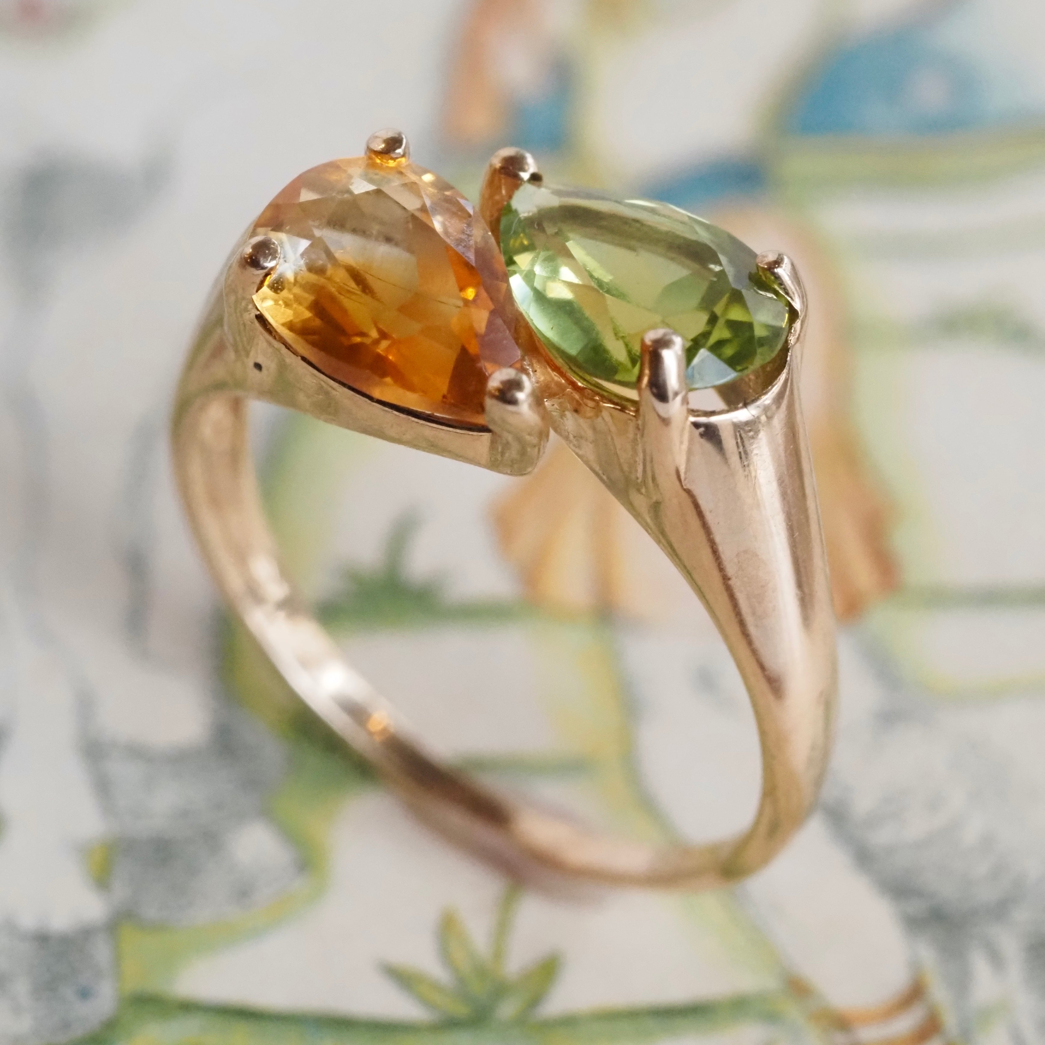 Vintage Pear Shaped Peridot and Citrine 14k Gold Ring