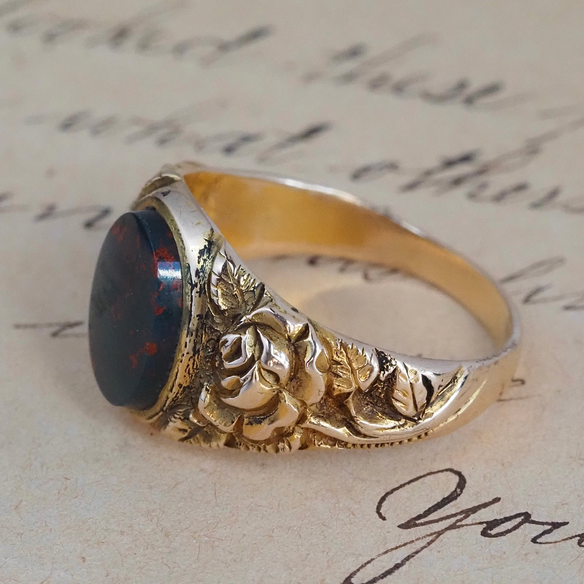Antique Bloodstone and Roses 10k Gold Signet Ring