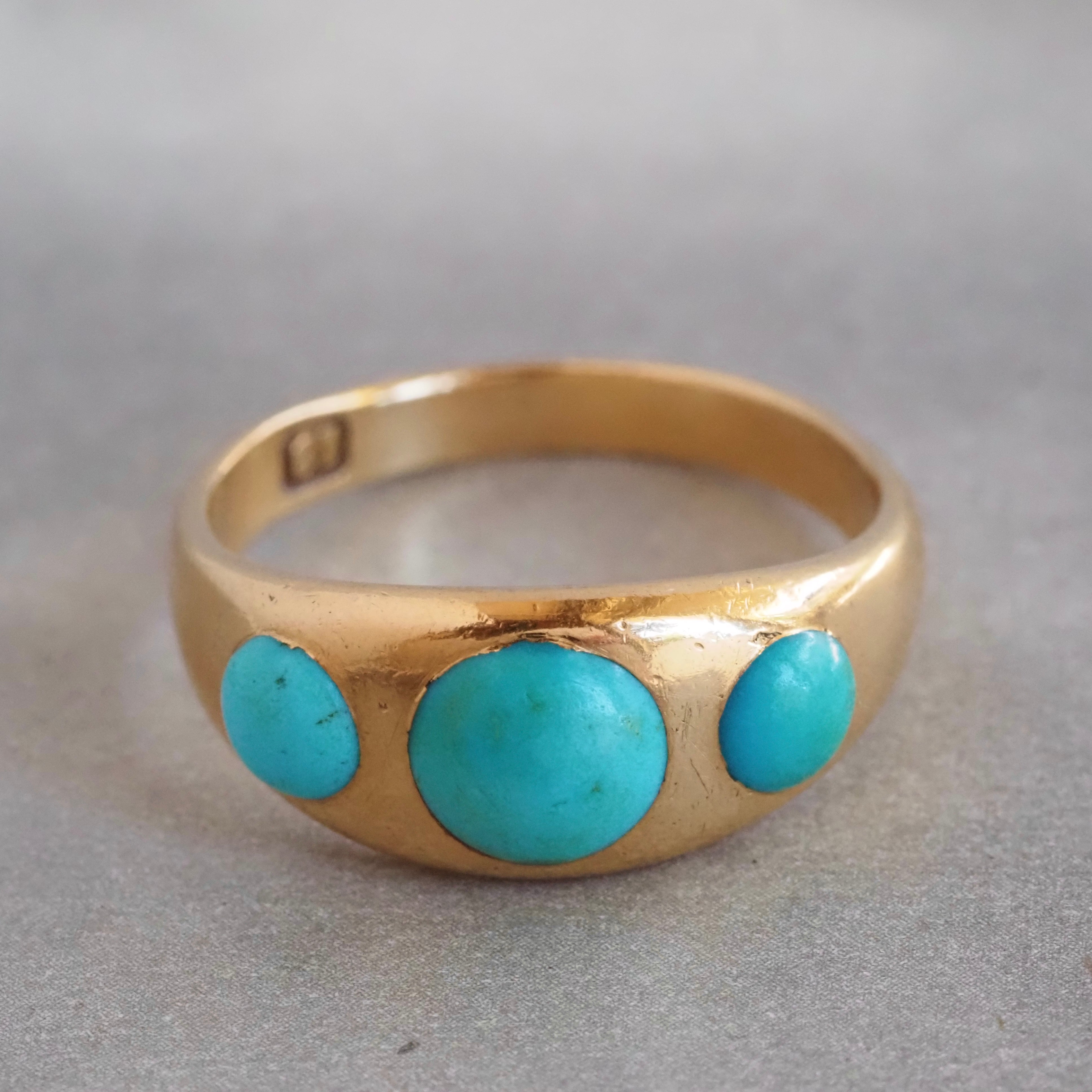 Antique Victorian Turquoise Flush Set Trilogy 18k Gold Ring
