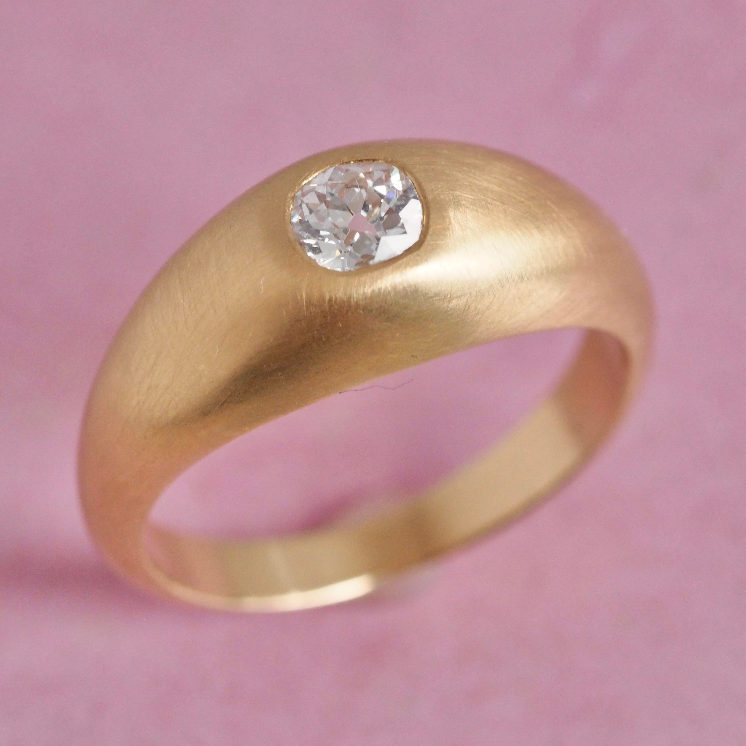 Brushed 18k Gold Old Mine Cut Diamond Flush Set Dome Ring