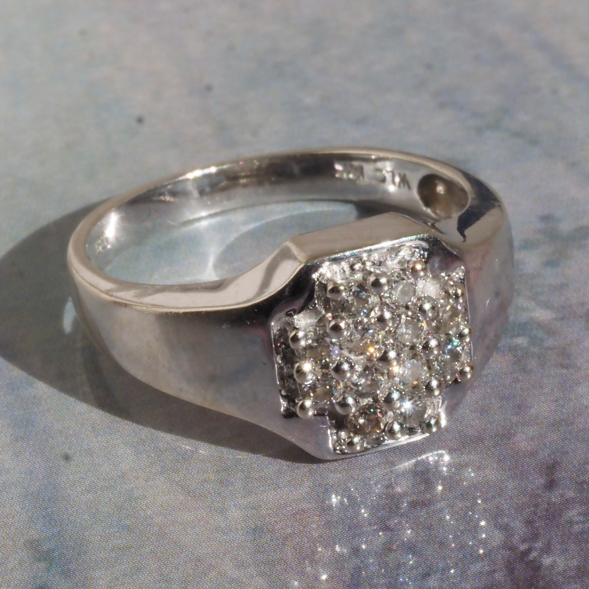 Vintage Squared Diamond 14k White Gold Signet Ring