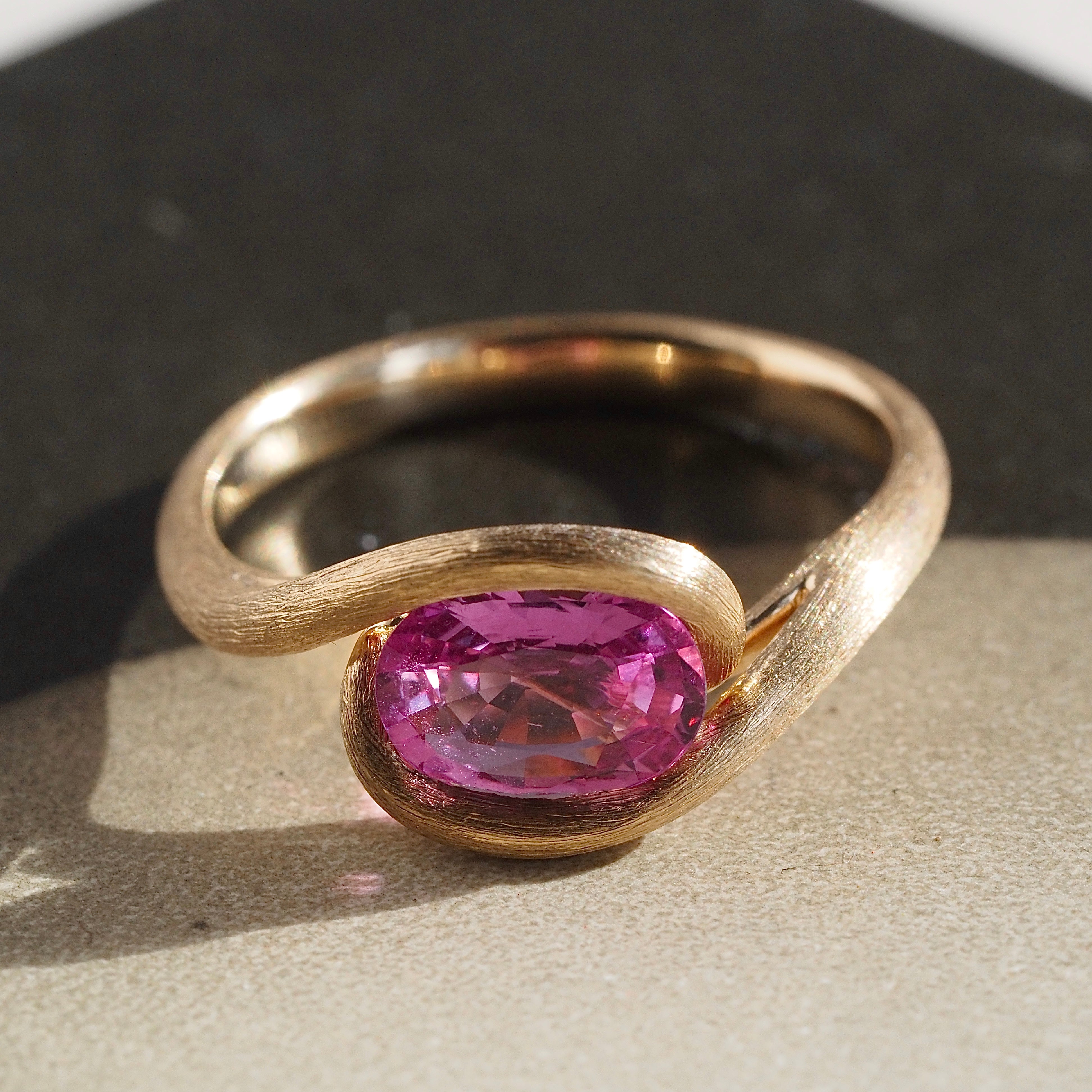 Natural Pink Sapphire Brushed 14k Gold Ring