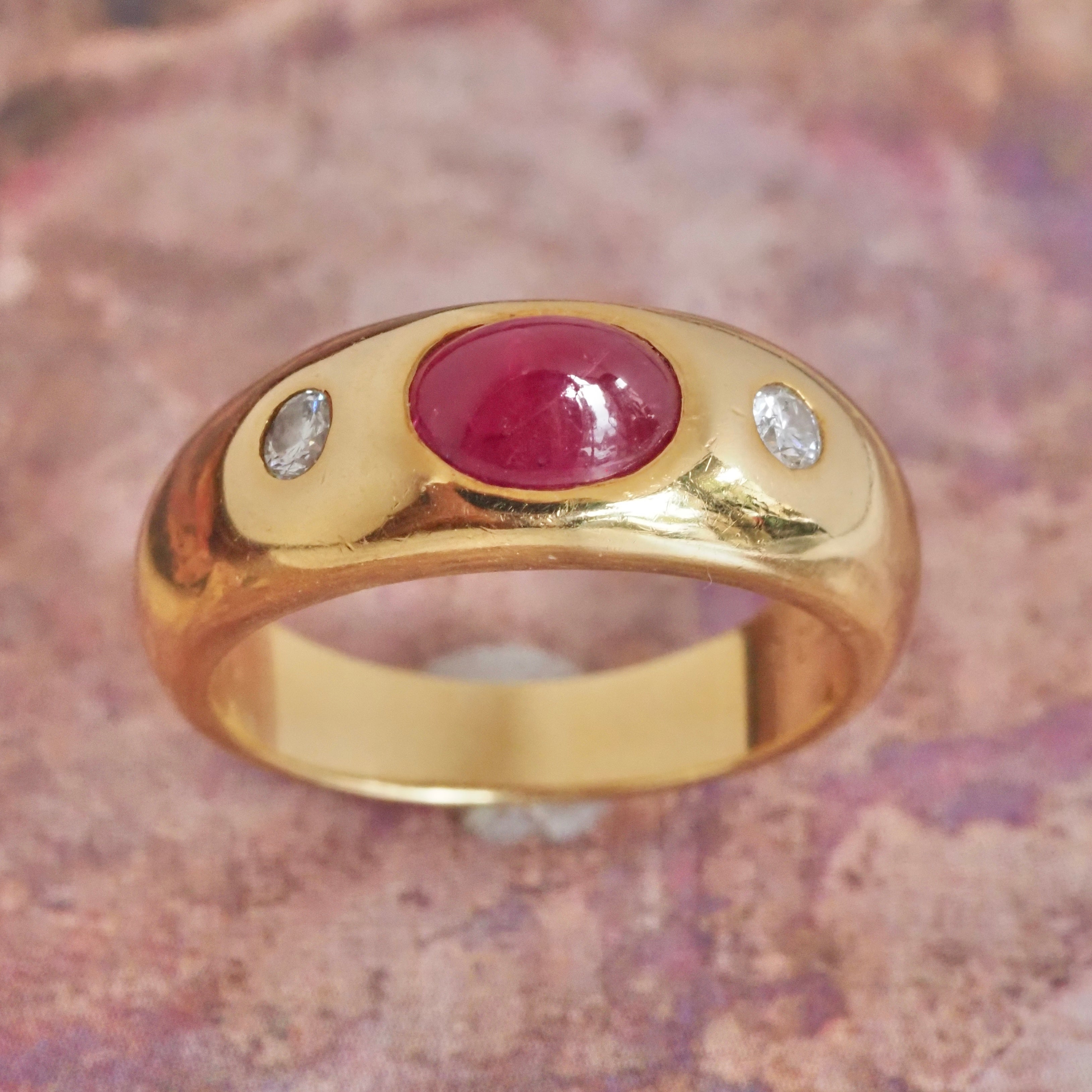 Vintage Natural Ruby and Diamond Flush Set 18k Gold Dome Ring