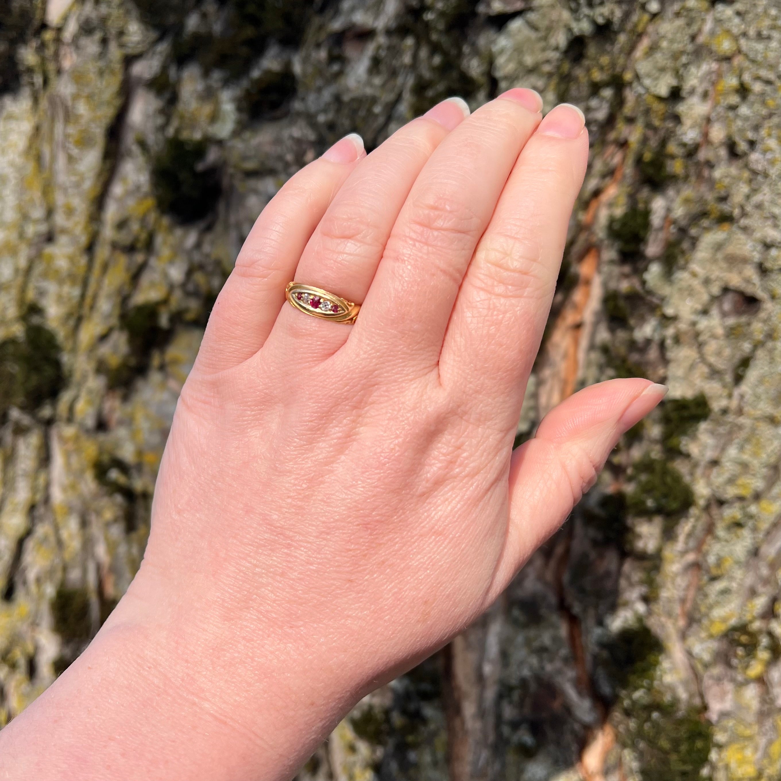 Antique English c. 1895 Old Mine Cut Diamond and Ruby 18k Gold Boat Ring