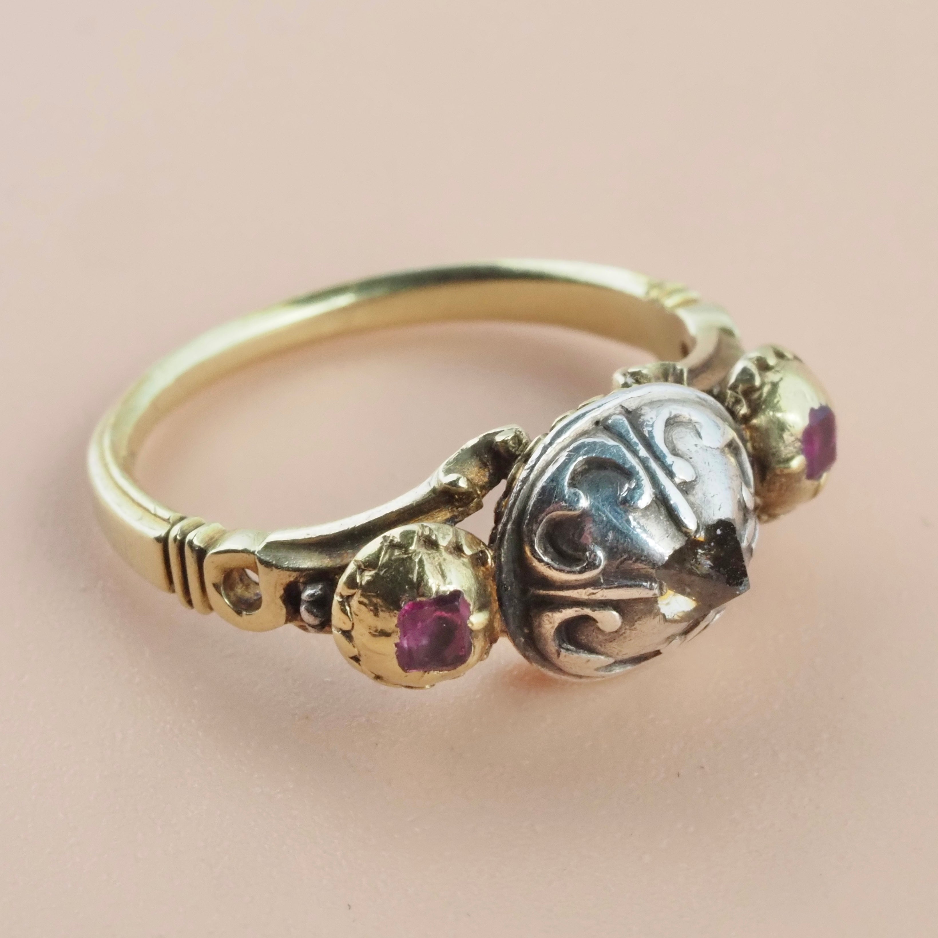 Antique Late 17th Century Baroque 18k Gold and Sterling Silver Point Cut Diamond and Table Cut Ruby Ring