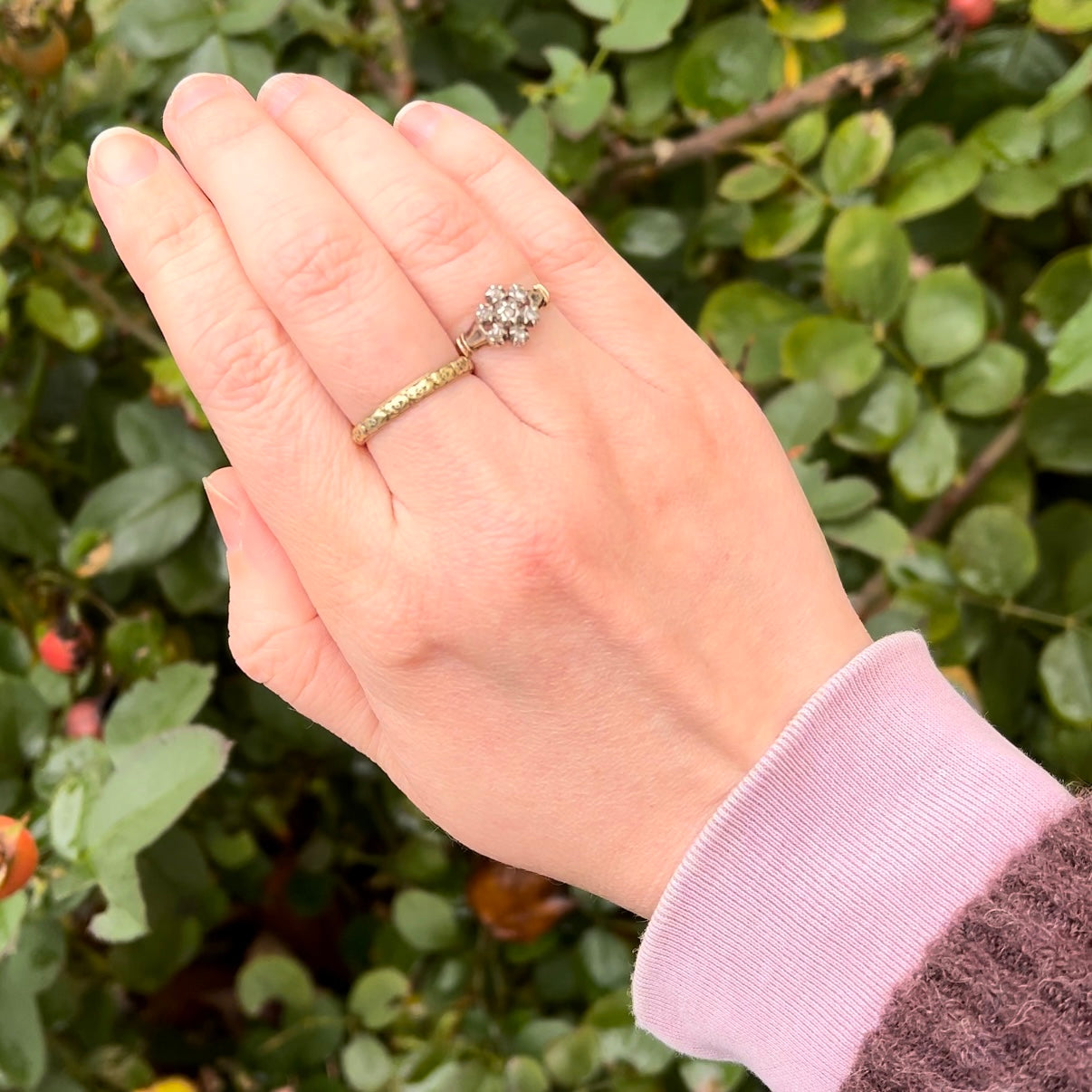 Antique Portuguese Rose Cut Diamond Cluster 19k Gold & Silver Ring