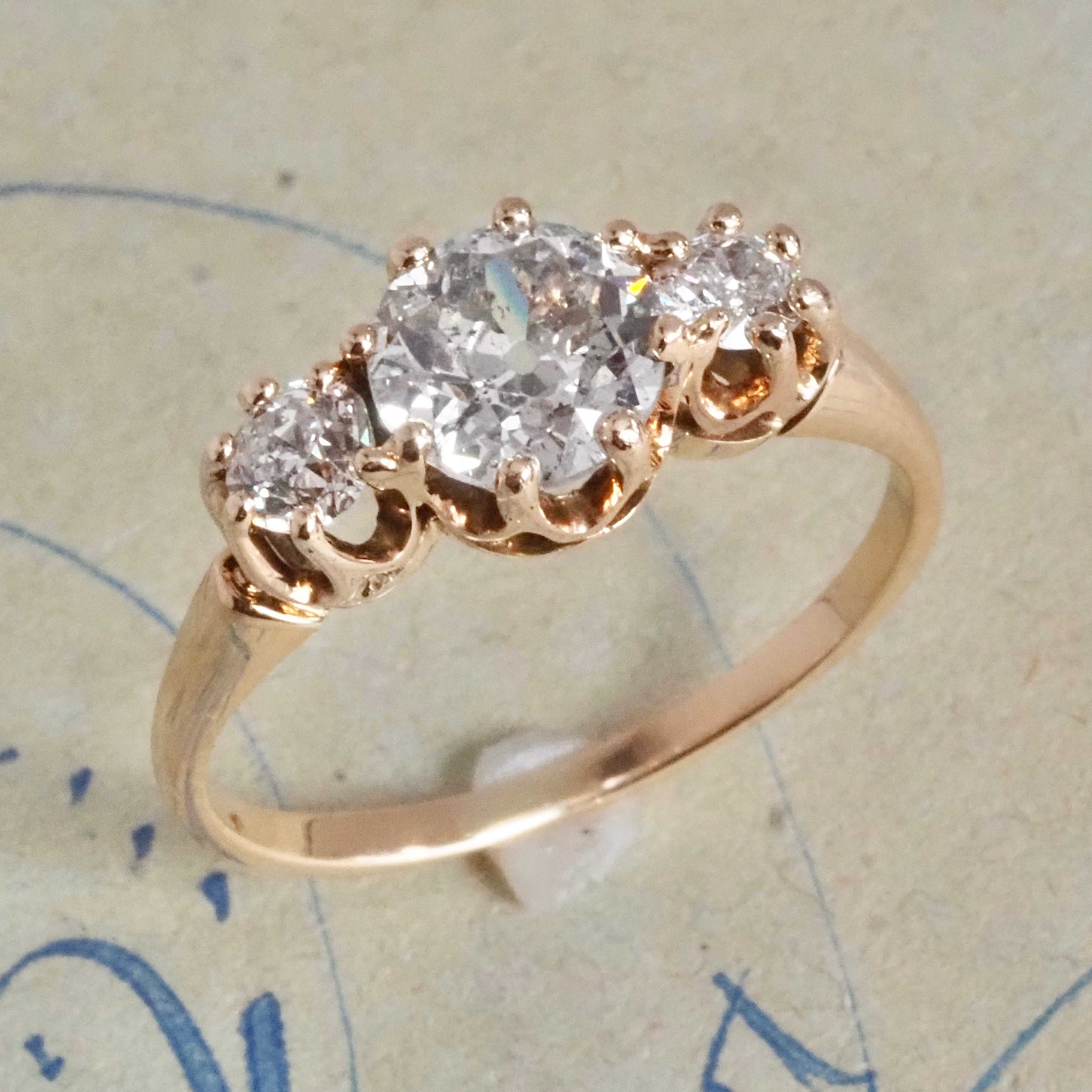 Antique Edwardian 1.30tcw Old European Cut Diamond Trilogy 14k Gold Engagement Ring
