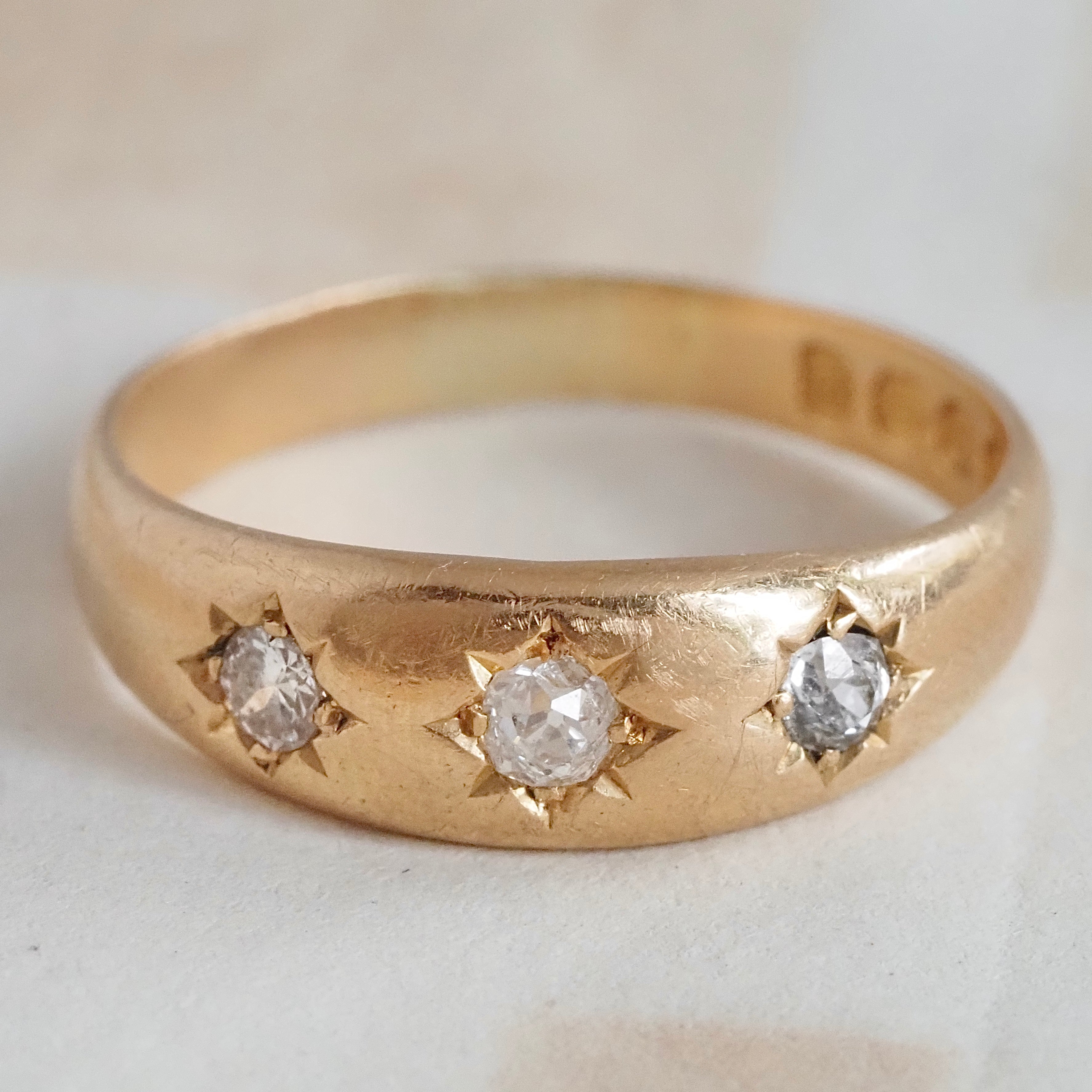 Antique c. 1890 English 18k Gold Old Mine & Old European Cut Diamond Flush Set Trilogy Ring