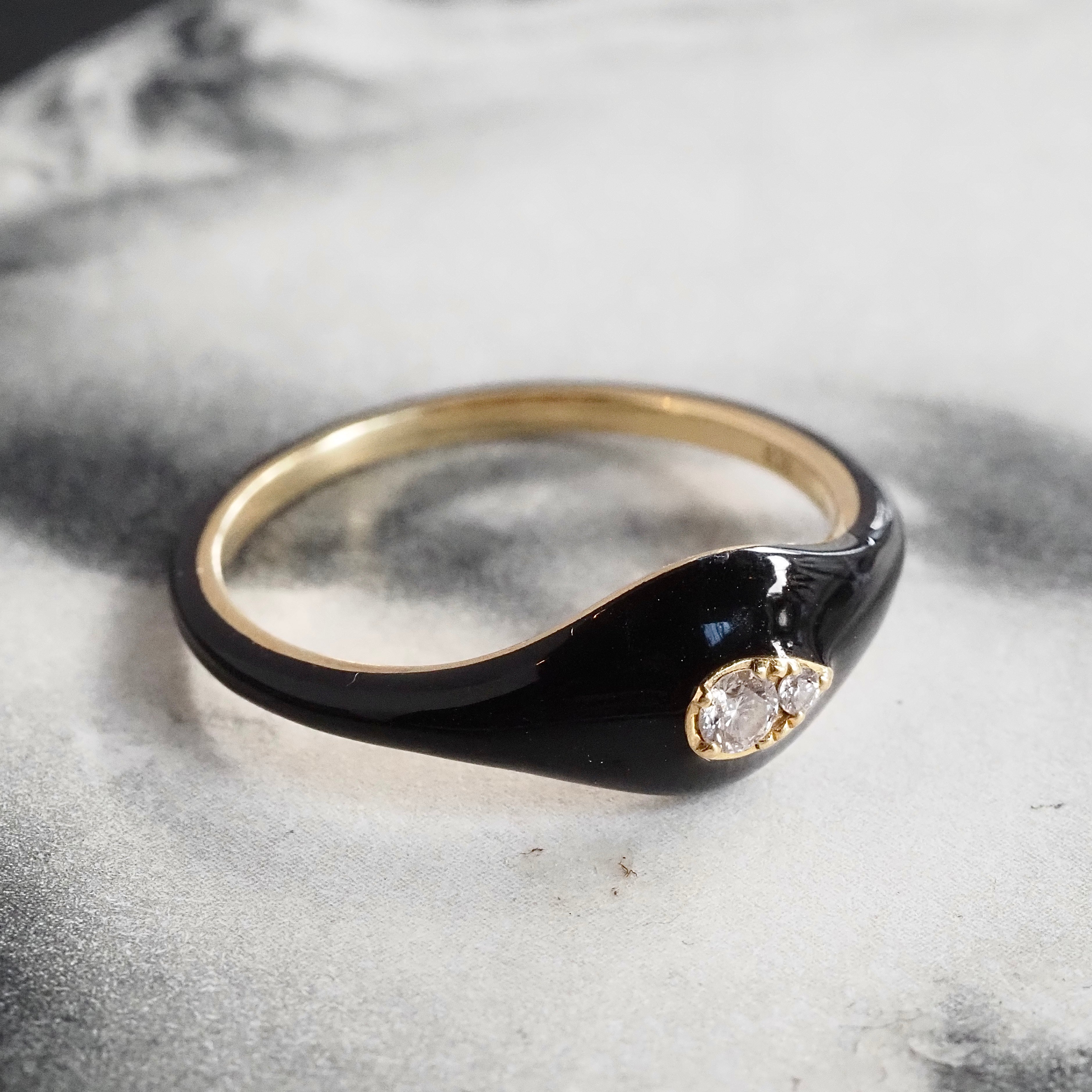 Domed Black Enamel 18k Gold Diamond Teardrop Ring