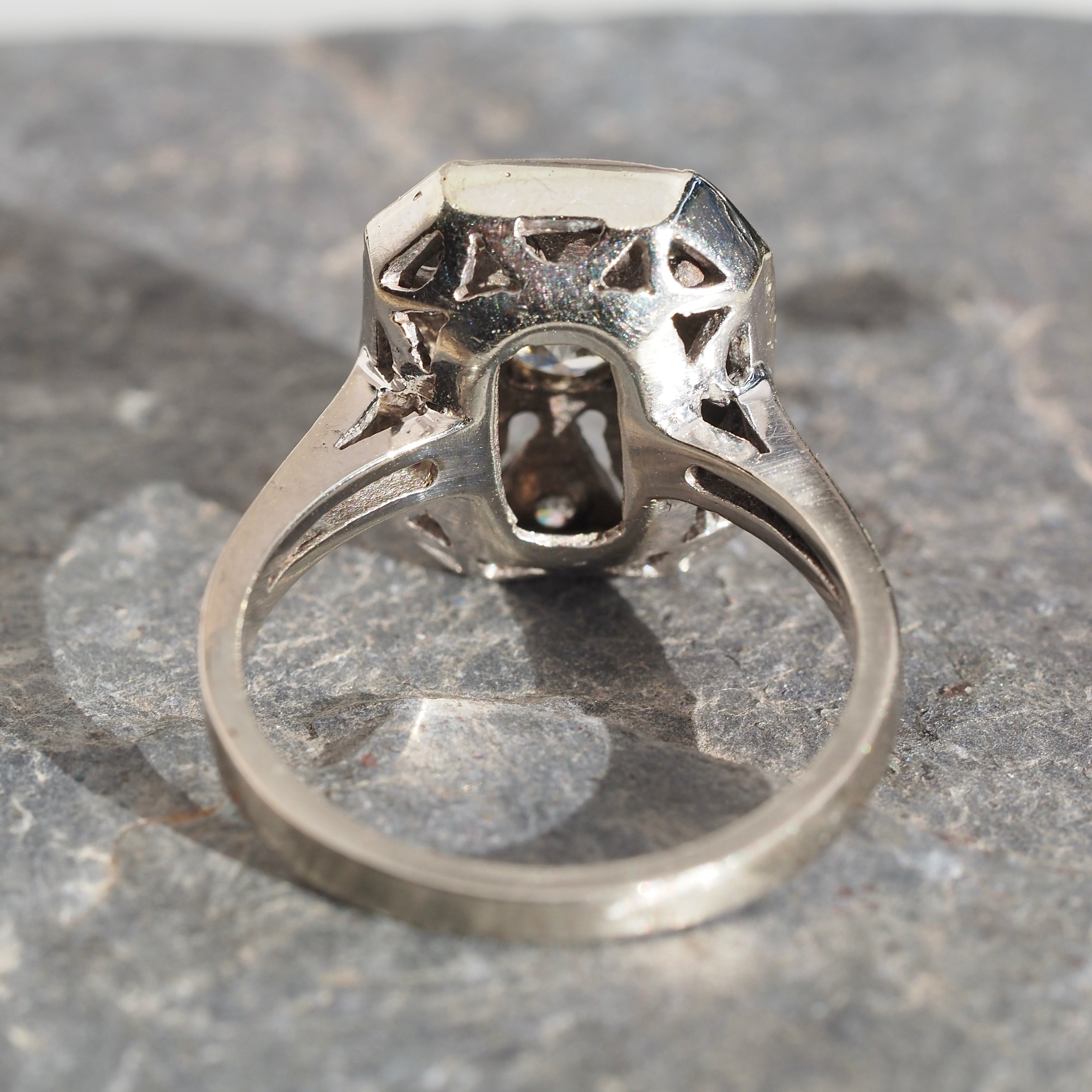 Late Art Deco Old European Cut Diamond Shield Cluster 14k White Gold Ring