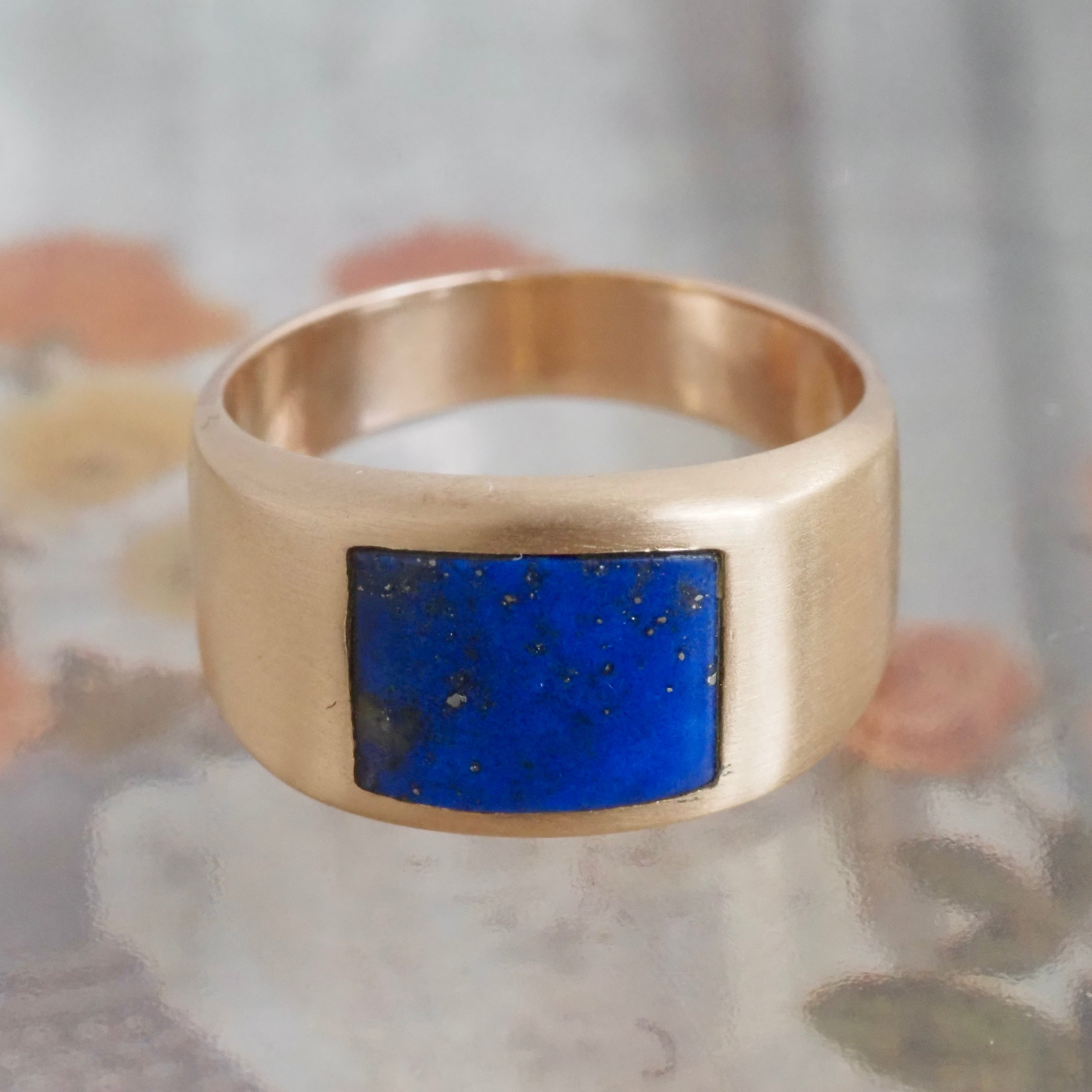 Vintage Inlaid Lapis Brushed 14k Gold Ring