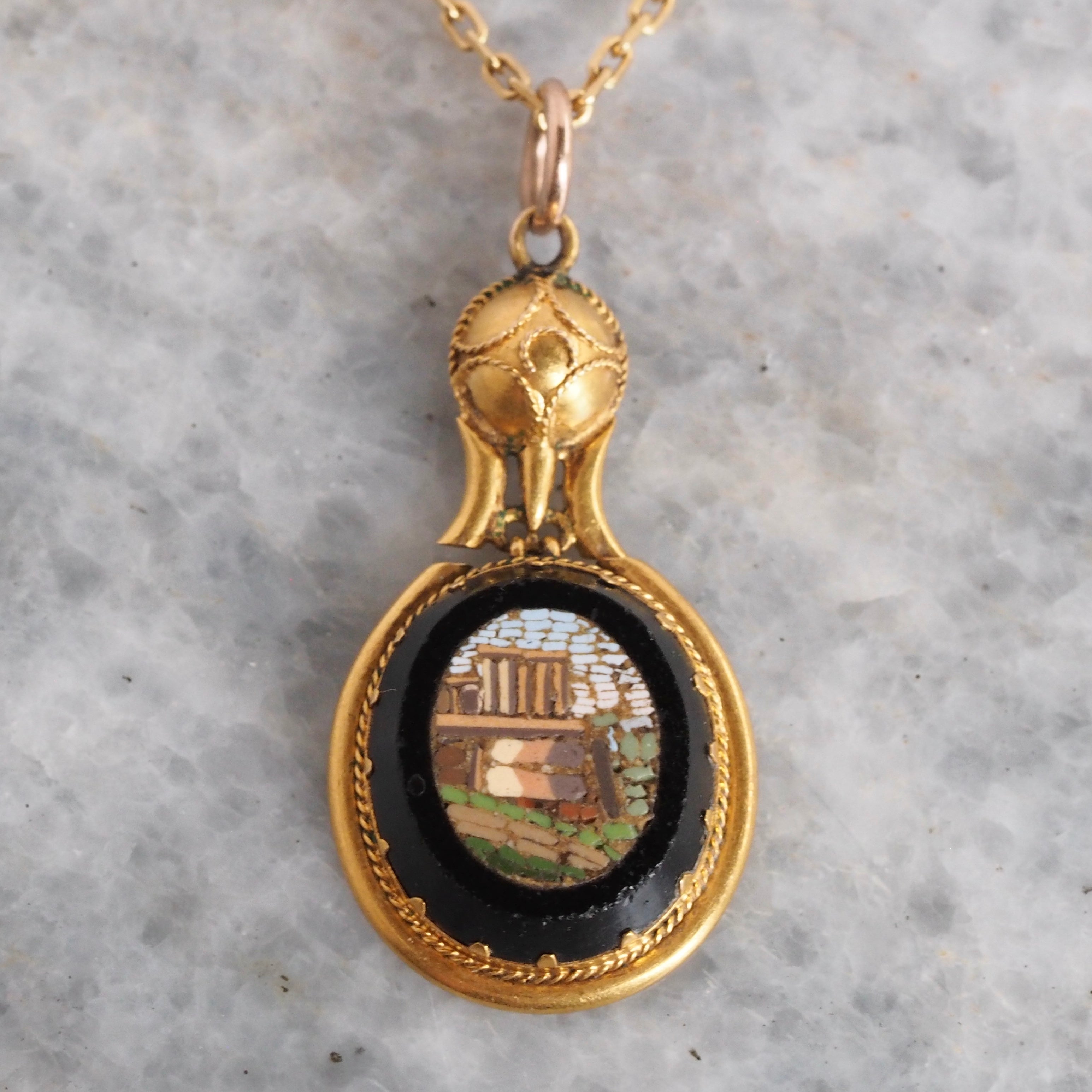 Antique Victorian Grand Tour 14k Gold Micro Mosaic Roman Ruins Pendant