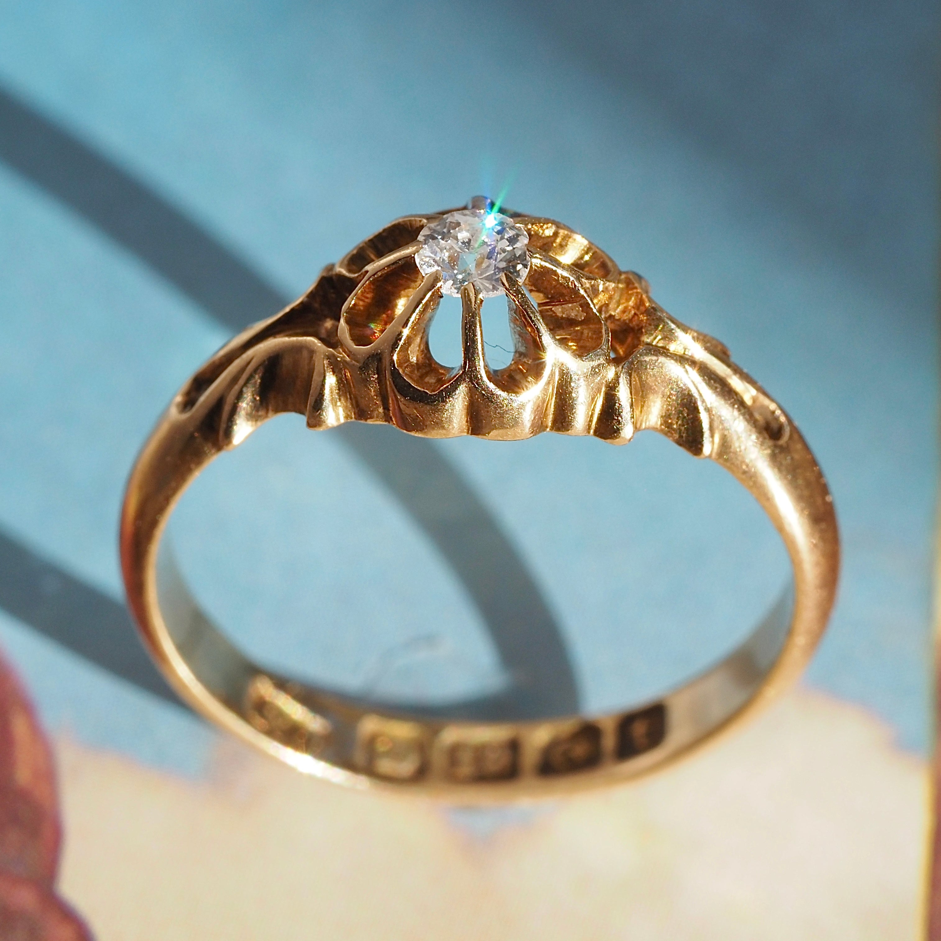 Antique English c. 1918 Old Mine Cut Diamond Belcher Set 18k Gold Engagement Ring