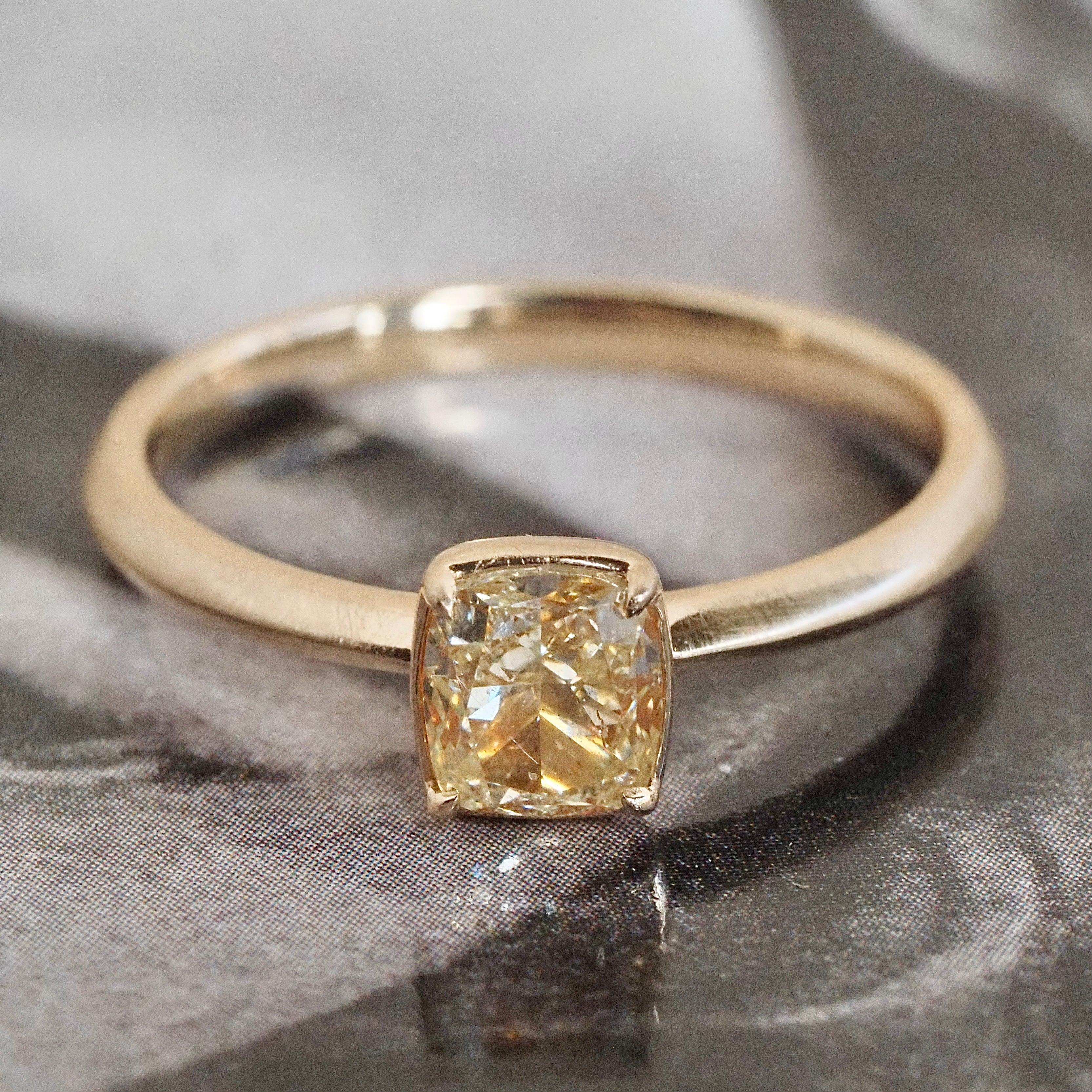 Yellow Cushion Brilliant Cut Diamond 14k Gold Knife Edge Set Solitaire Engagement Ring