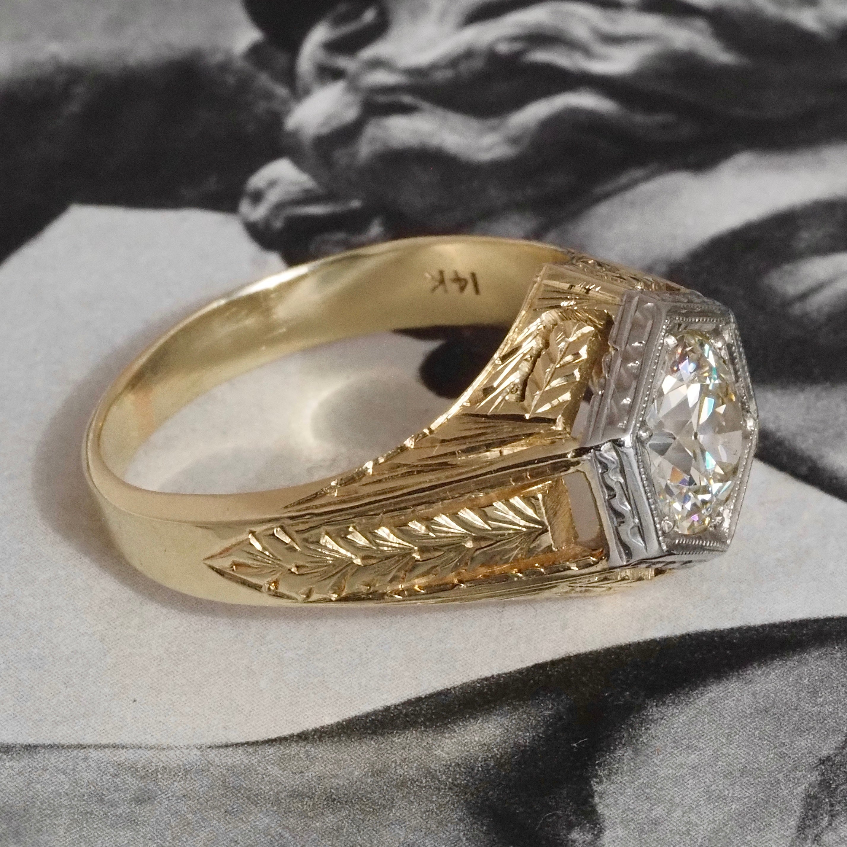Antique Art Deco 1.22ct Old European Cut Diamond Hexagonal 14k Gold Engagement Ring