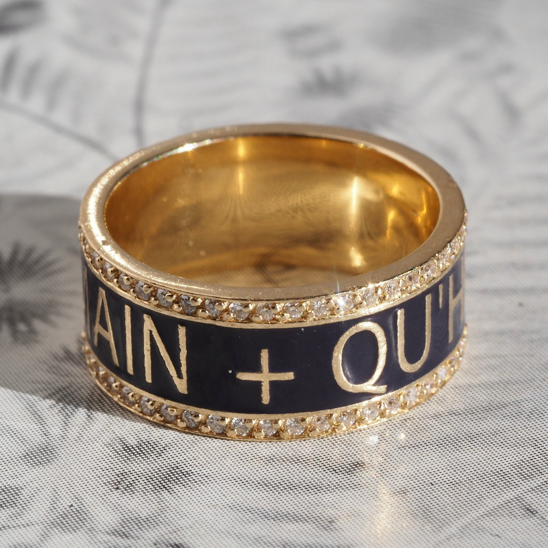 Qu'hier Que Demain "More Than Yesterday, Less Than Tomorrow" Blue Enamel and Diamond 14k Gold Band