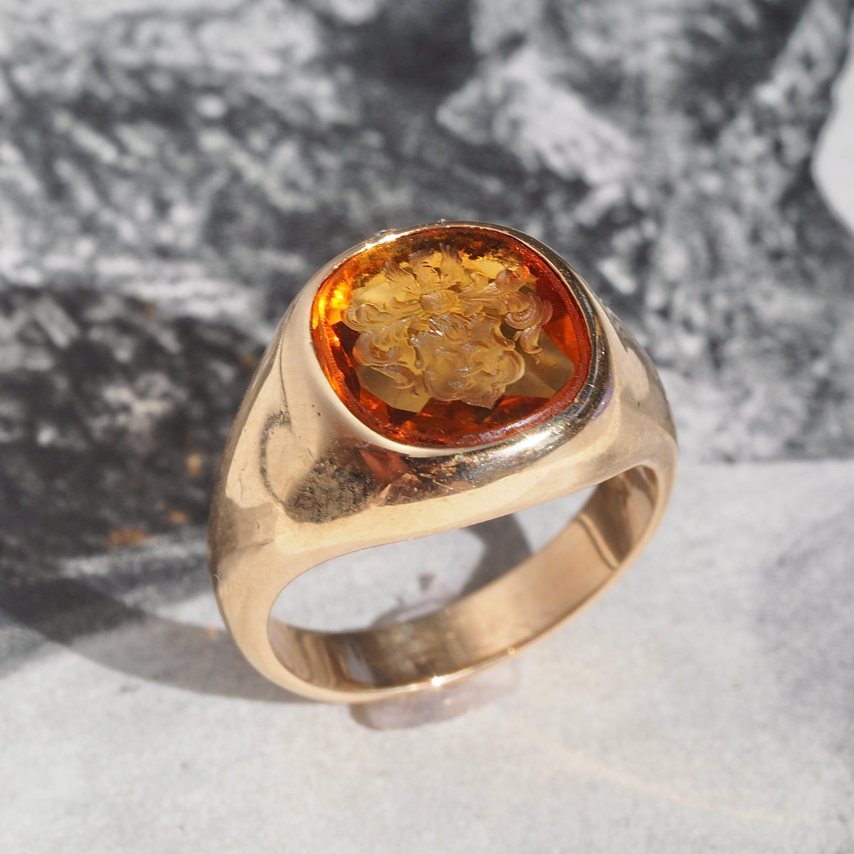 Vintage Citrine Crest Intaglio 14k Gold Signet Ring