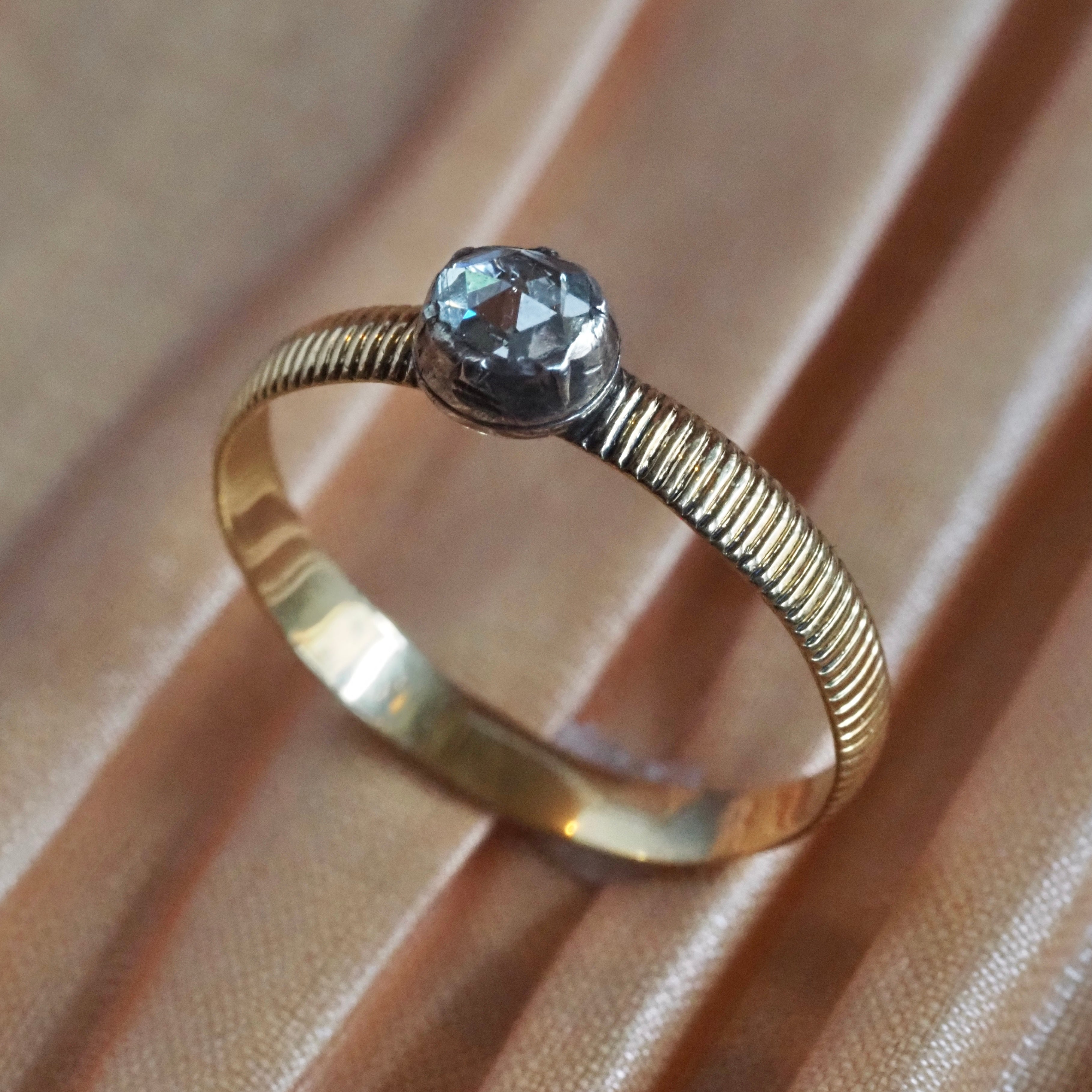 Antique Dutch Foil Back Rose Cut Diamond Sterling Silver and 18k Gold Ring