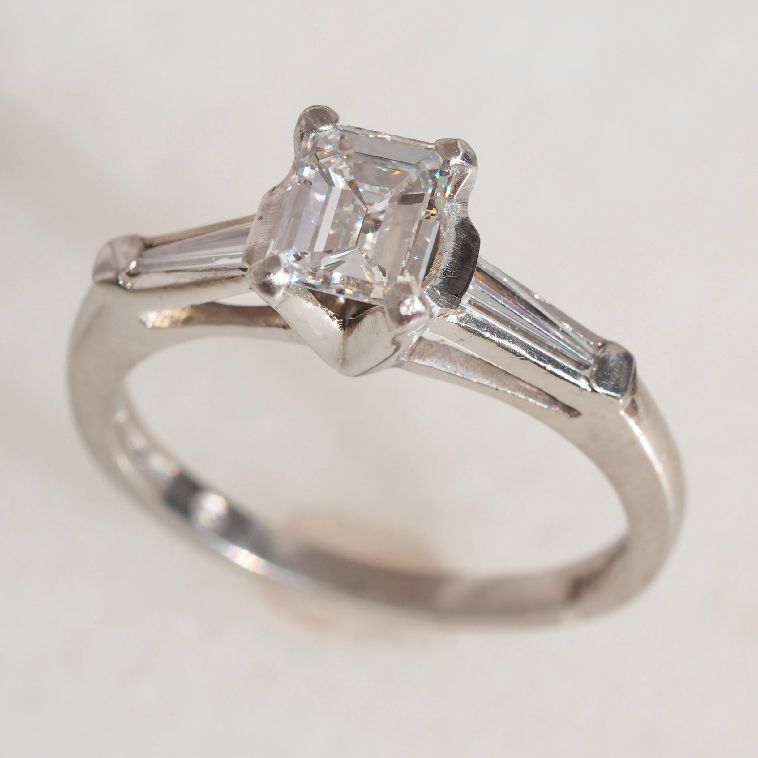 Vintage Platinum Emerald Cut & Tapered Baguette Diamond Engagement Ring