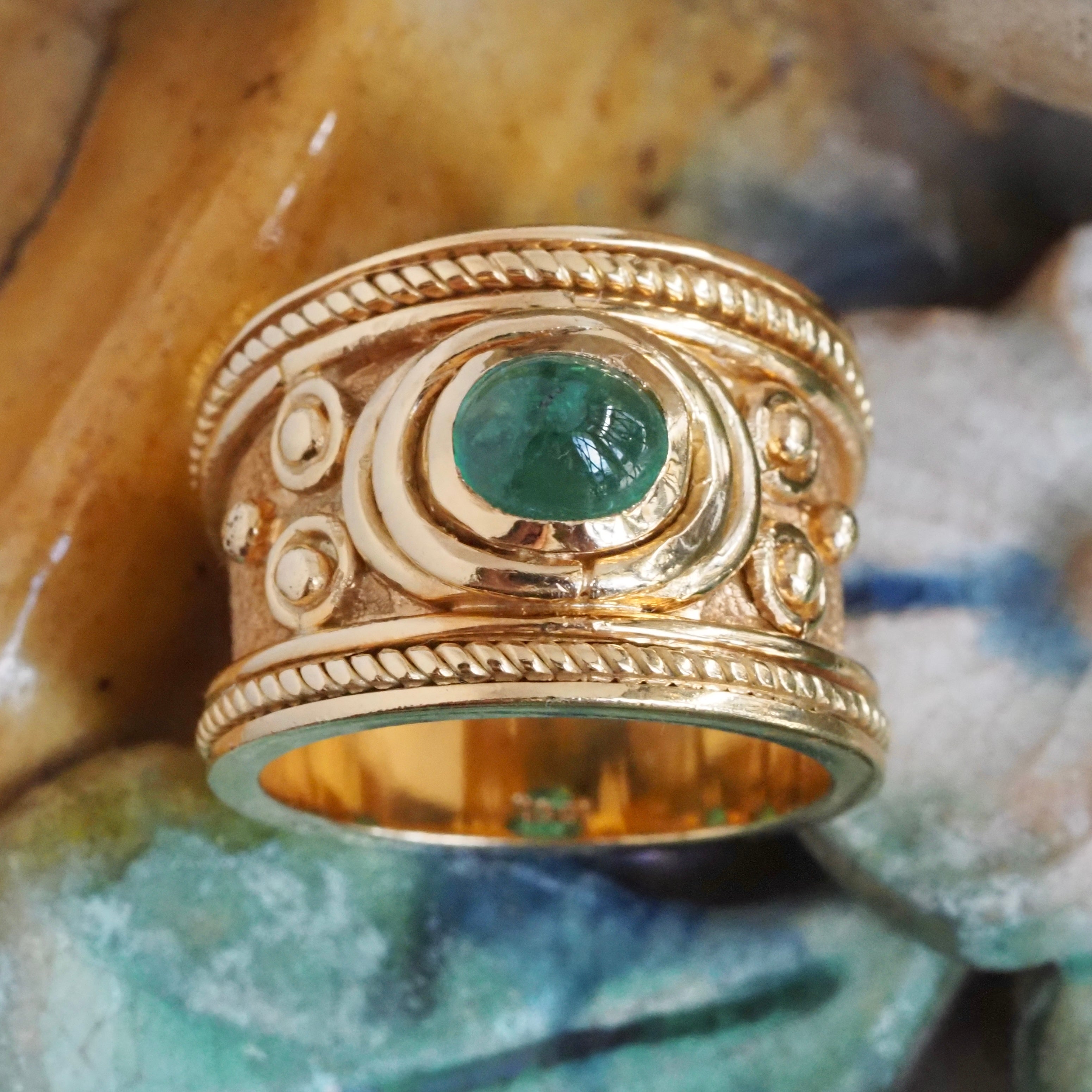 Etruscan Style Emerald Cabochon 18k Gold Wide Ring