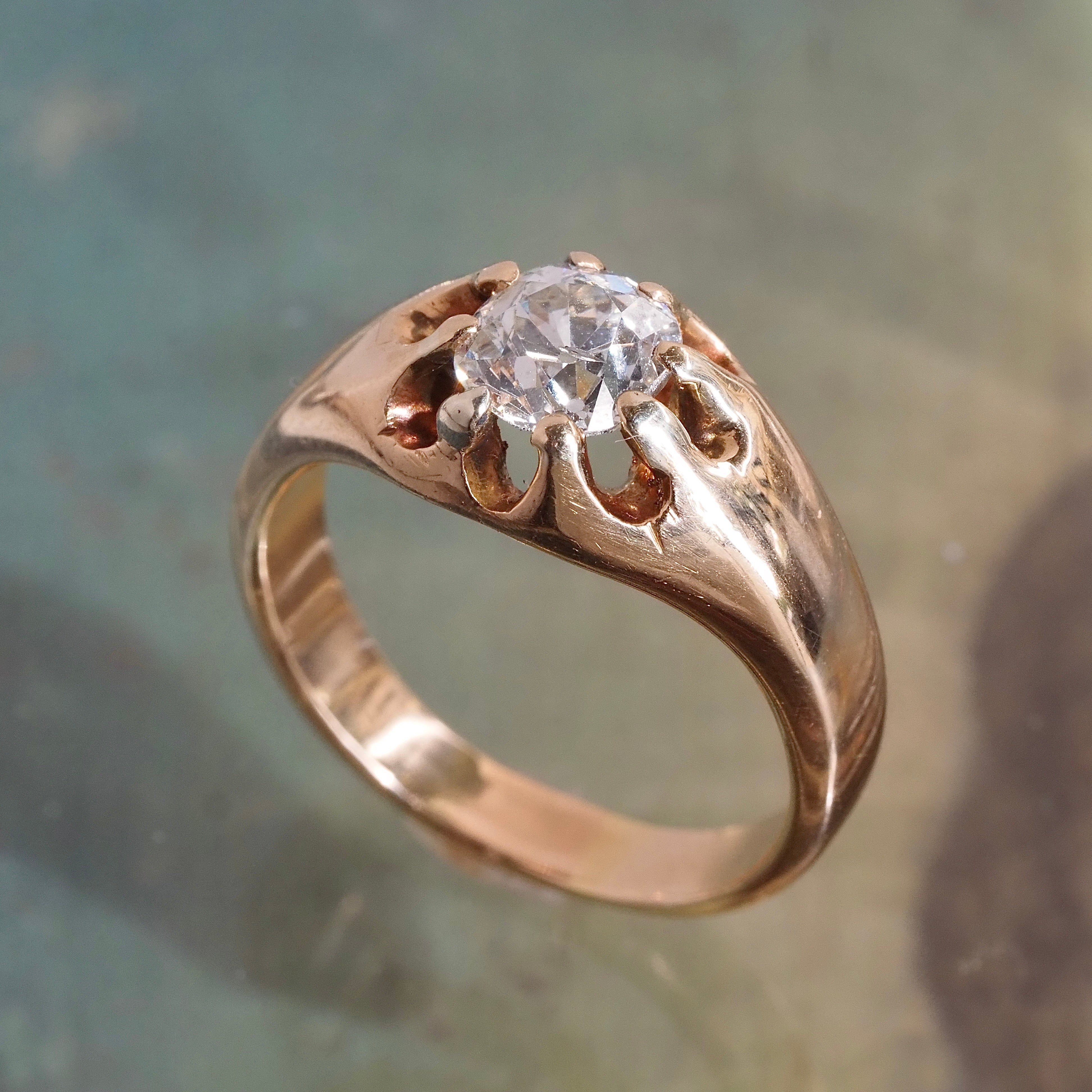 Antique Old Mine Cut Diamond Belcher Set 14k Gold Engagement Ring