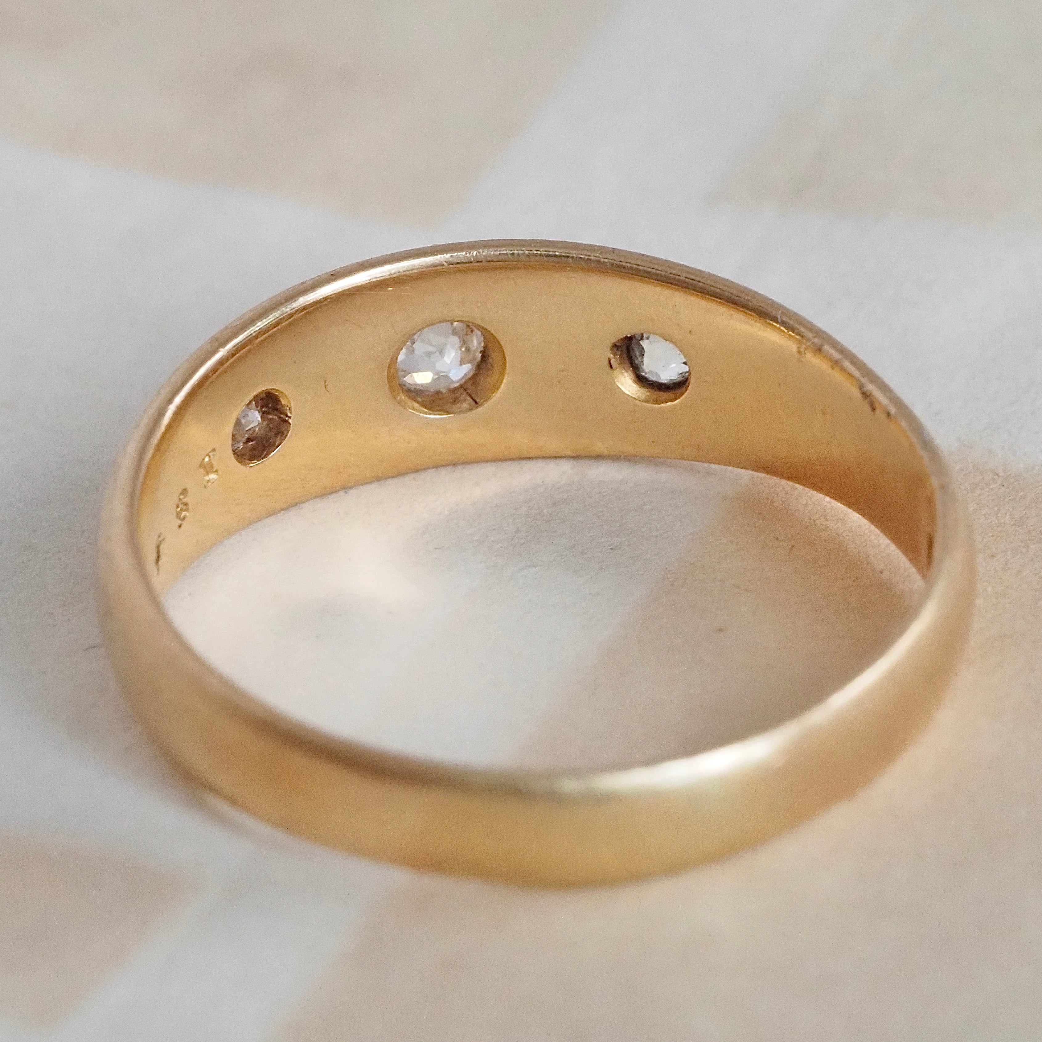 Antique c. 1890 English 18k Gold Old Mine & Old European Cut Diamond Flush Set Trilogy Ring
