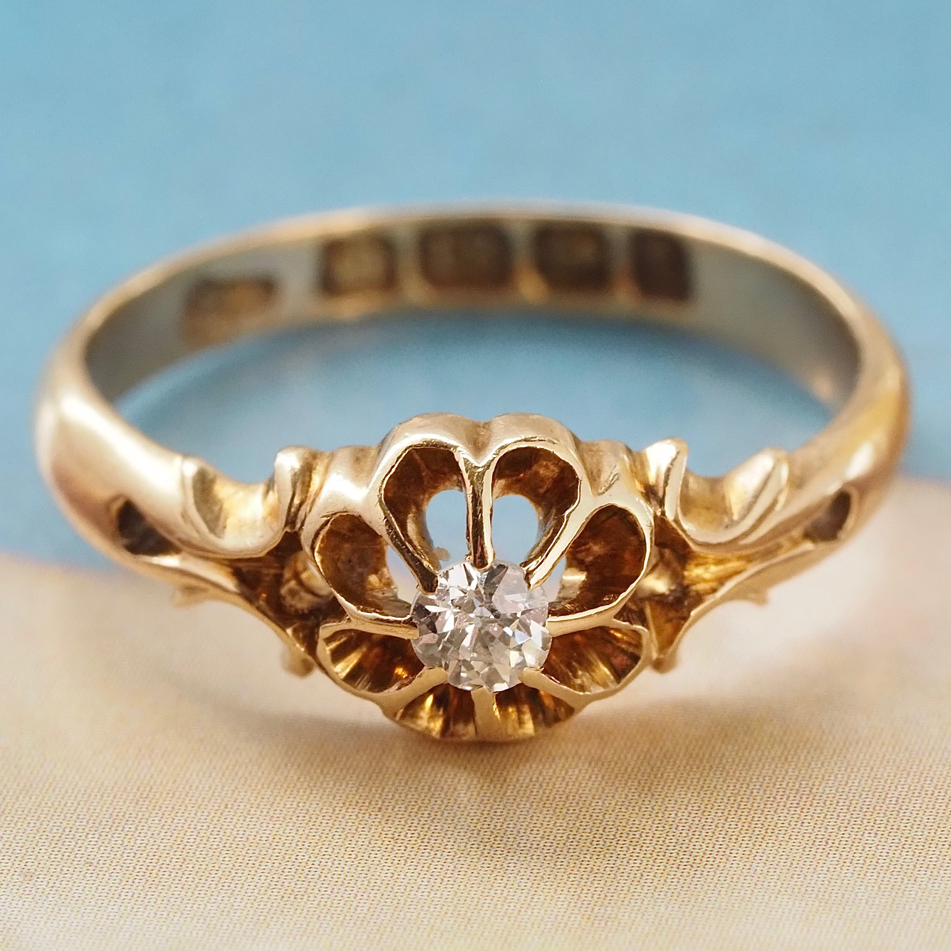 Antique English c. 1918 Old Mine Cut Diamond Belcher Set 18k Gold Engagement Ring
