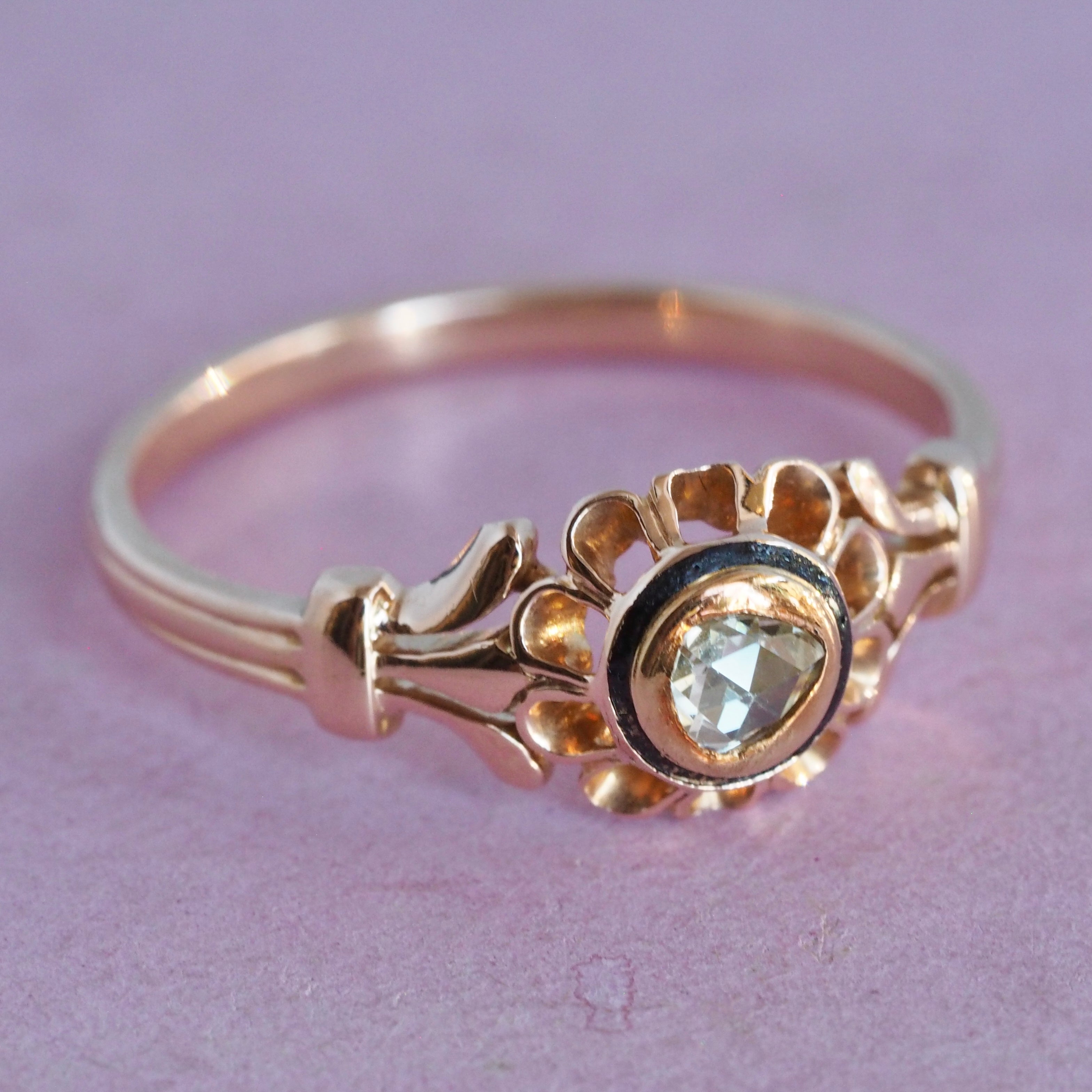 Antique Victorian 18k Rose Gold Foiled Back Rose Cut Diamond and Enamel Ring
