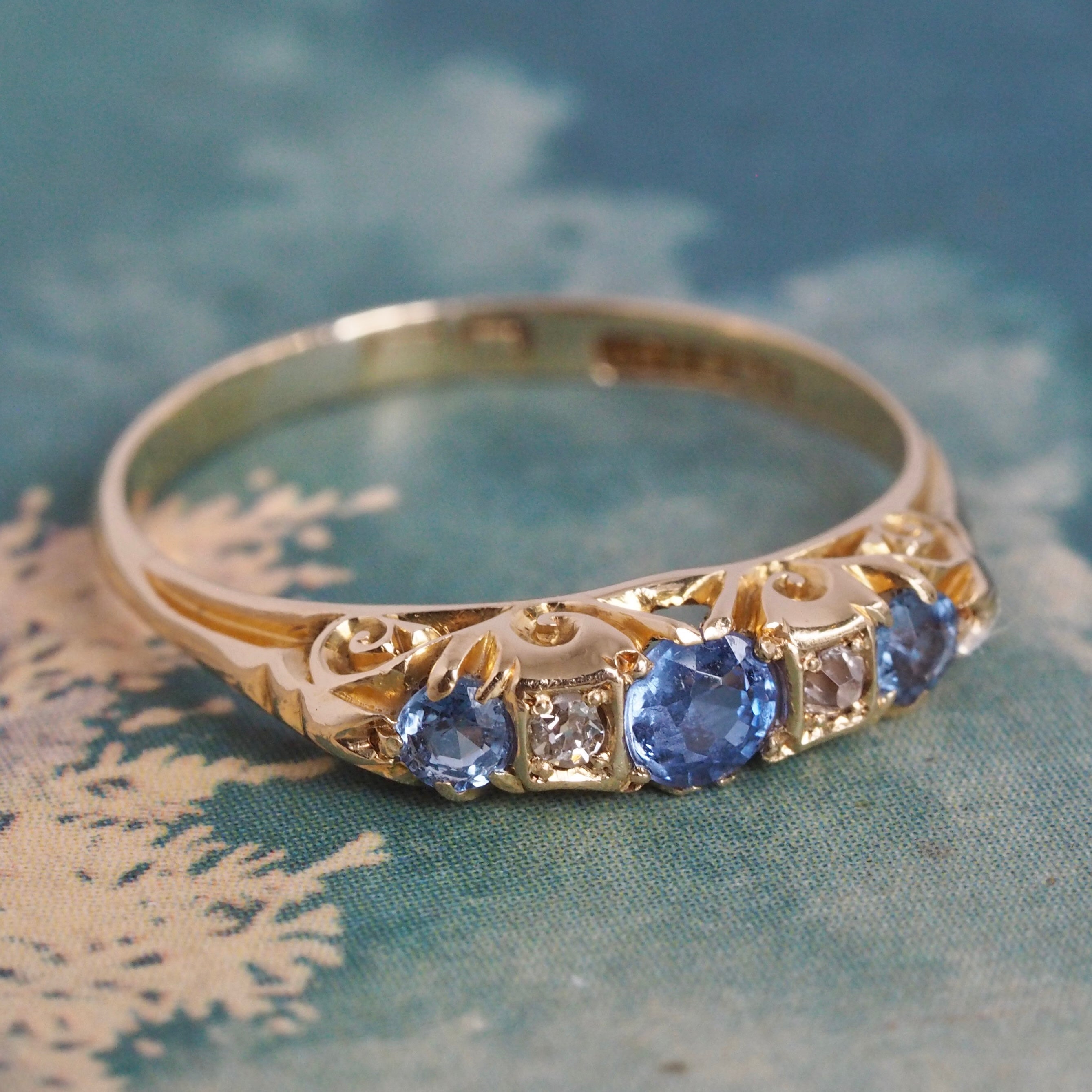 Antique Edwardian English 18k Gold Sapphire and Diamond Ring