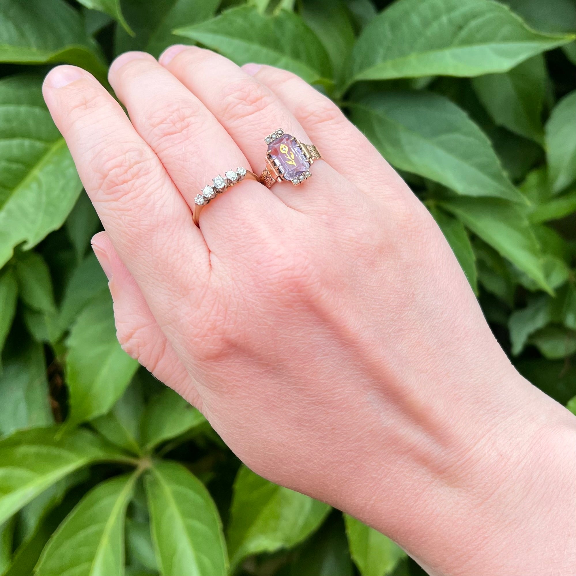 Antique Victorian Rose of Sharon Amethyst Diamond Seed Pearl 10k Gold Ring