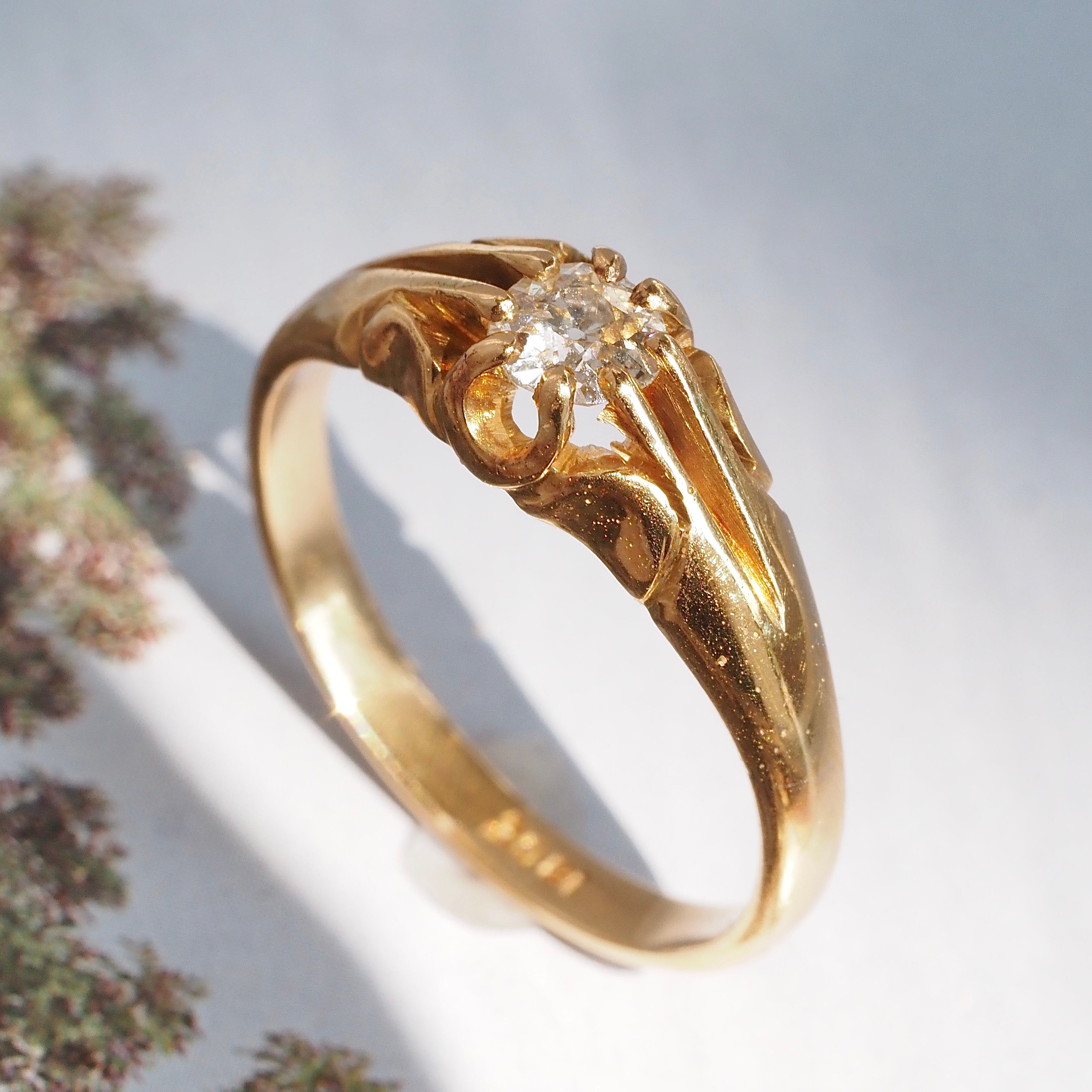 Antique Victorian English 18k Gold Old Mine Cut Diamond Belcher Engagement Ring