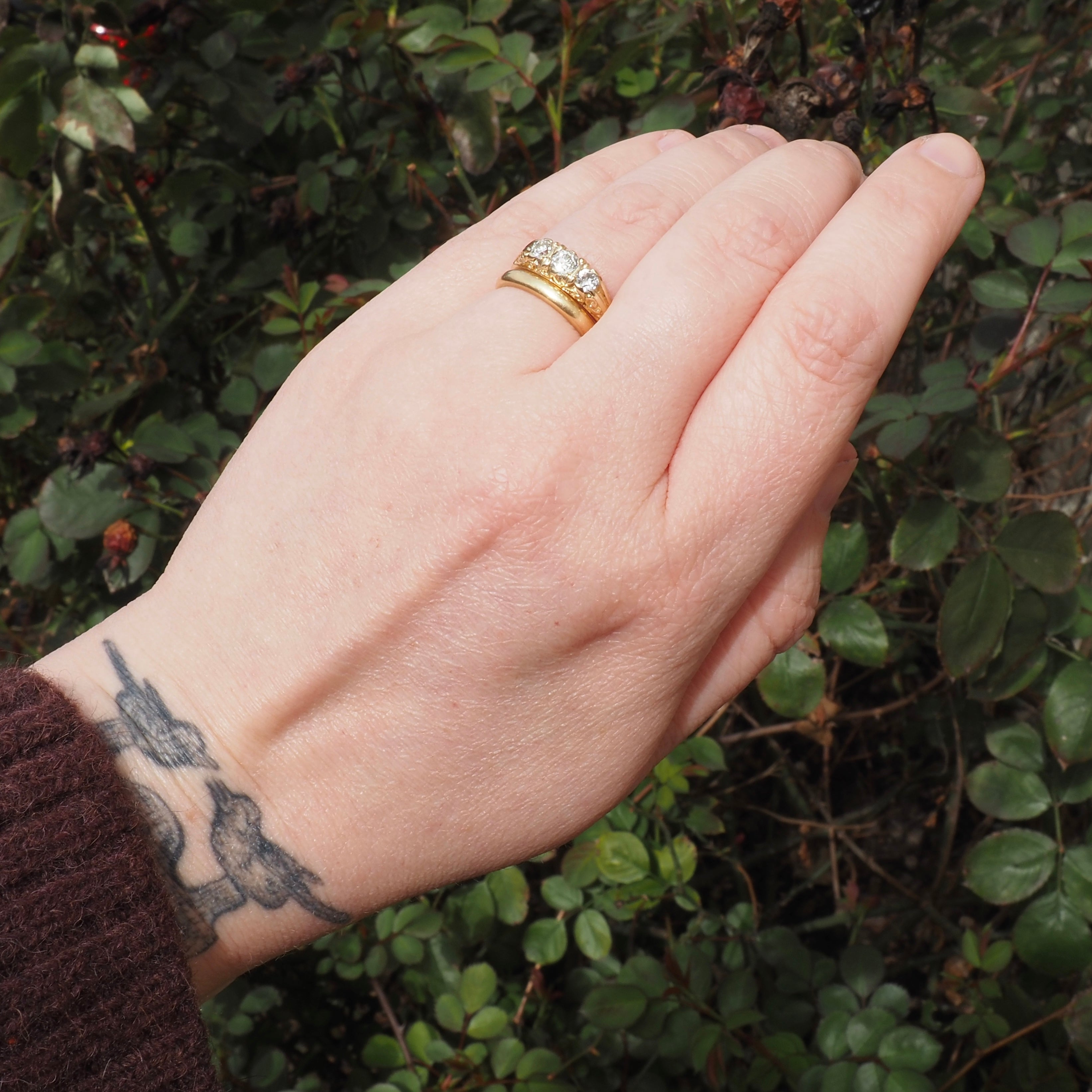 Art Nouveau Style Antique Old Mine Cut Diamond Trilogy 14k Gold Ring