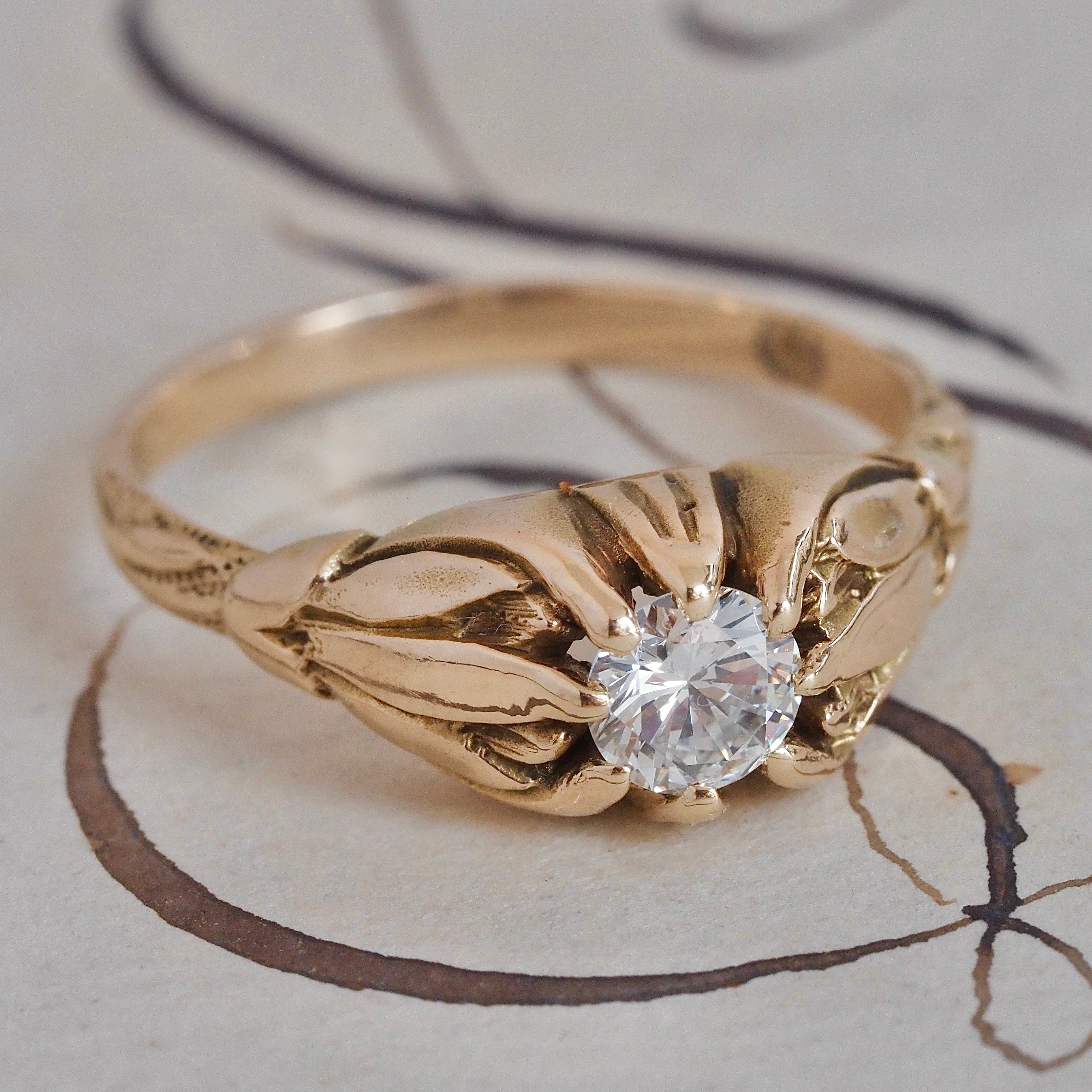 Antique Belcher Set Transitional Cut Diamond Tulip 14k Gold Engagement Ring
