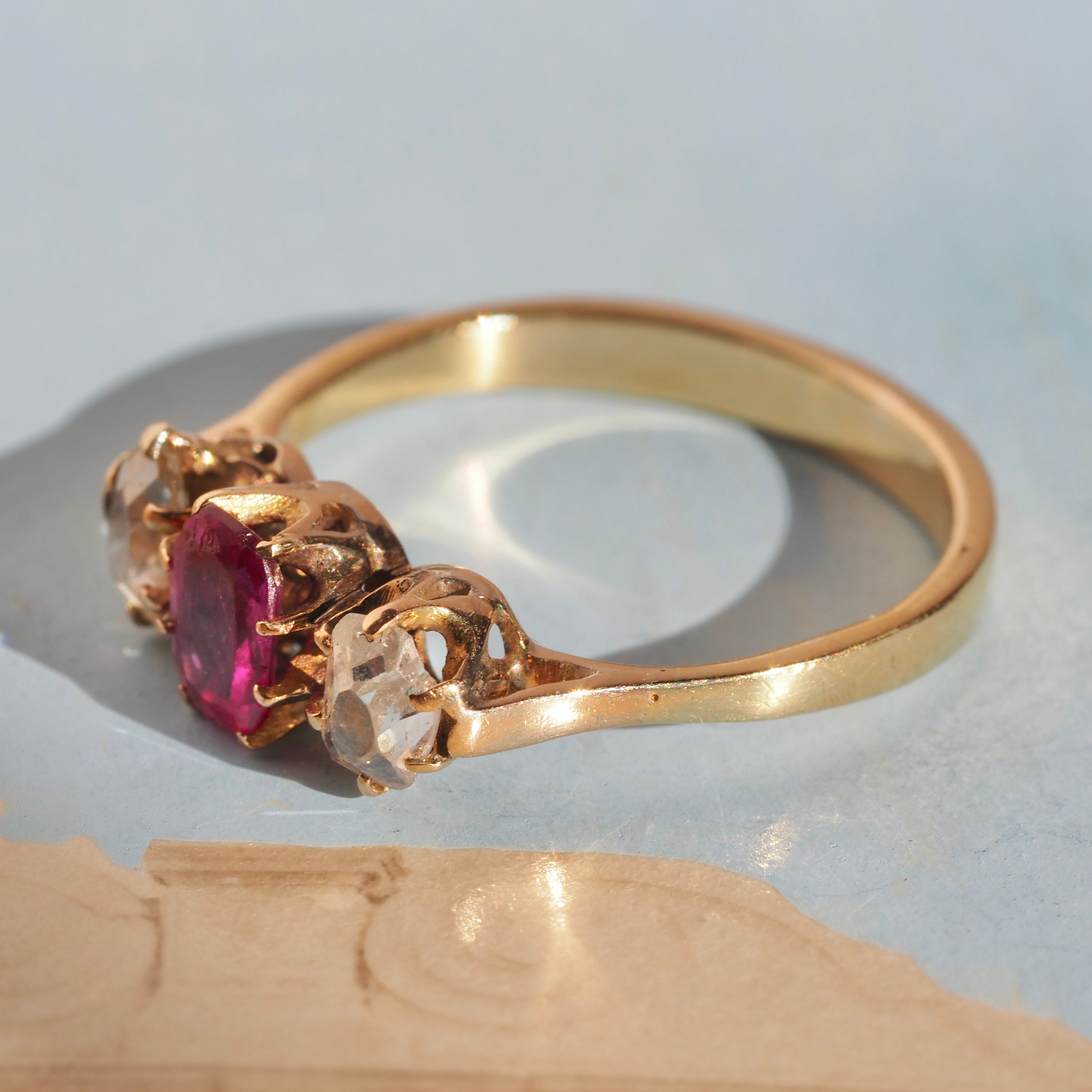 Antique Natural Ruby Rose Cut Diamond Trilogy 18k Gold Ring
